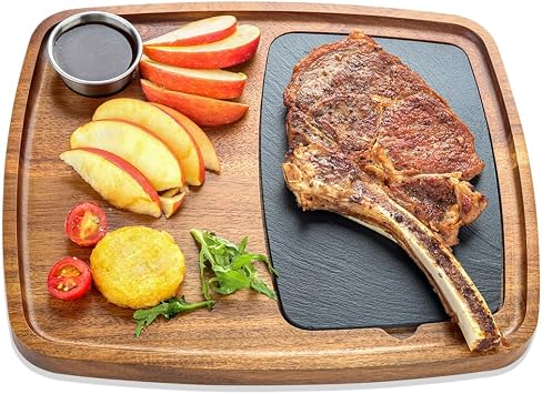 Acacia Wood Serving Plate with Sauce Cup & Removable Slate Insert for Meat Sausages Cheese, Steak Serving Tray Cutting Board Serving Platter Cheese Platter Perfect for Housewarming Christmas