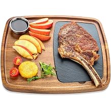 Acacia Wood Serving Plate with Sauce Cup & Removable Slate Insert for Meat Sausages Cheese, Steak Serving Tray Cutting Board Serving Platter Cheese Platter Perfect for Housewarming Christmas