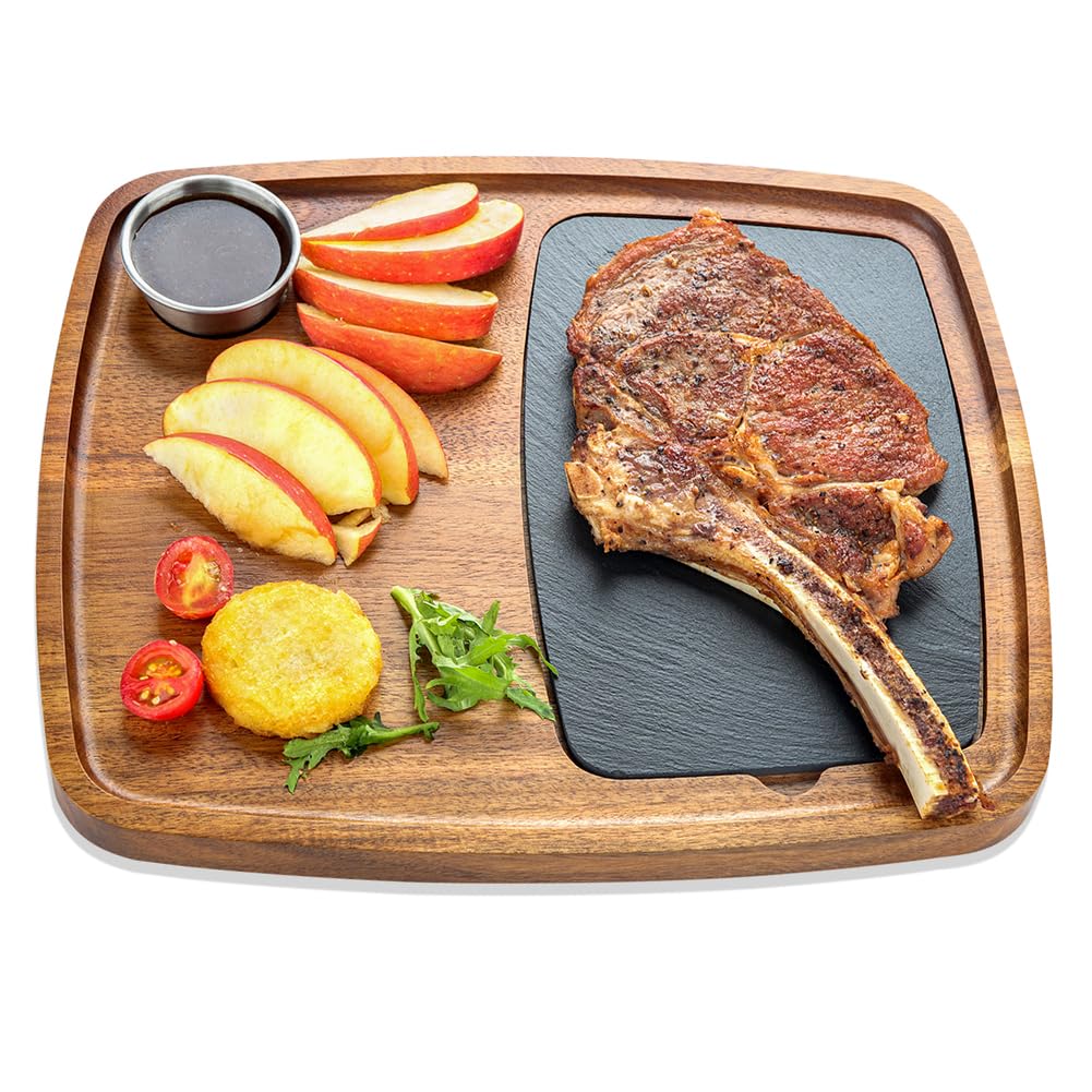LiWiBet Acacia Wood Serving Plate with Sauce Cup & Removable Slate Insert for Meat Sausages Cheese, Steak Serving Tray Cutting Board Serving Platter Cheese Platter Perfect for Housewarming Christmas