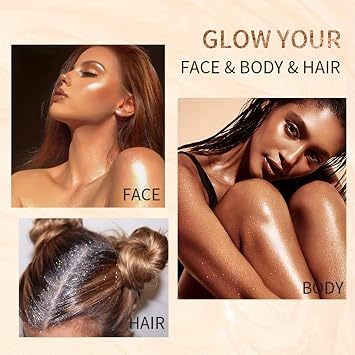 Shimmer Body Oil, Liquid Highlighter Makeup, Non-Sticky Face & Body Shimmer Liquid Spray, Glitter Glow Lotion, Lightweight Moisturizing Skin Highlighter, Makeup Brush Include (Rose Gold)