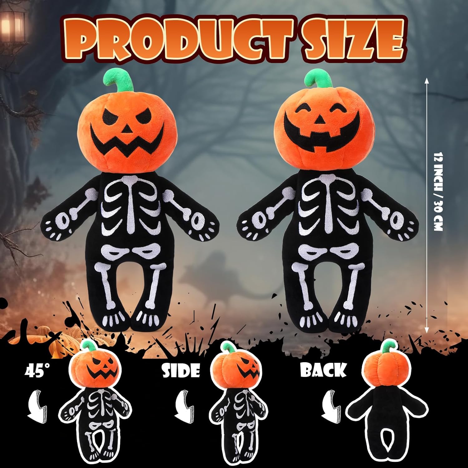 2 Pcs Halloween Pumpkin Skeleton Plush Pillow 12 Inch Spooky Pumpkin Head Skeletons Pillow Horror Soft Stuffed Animal Plushies Cushion Doll Toy for Halloween Party Gift Home Decoration - Image 2