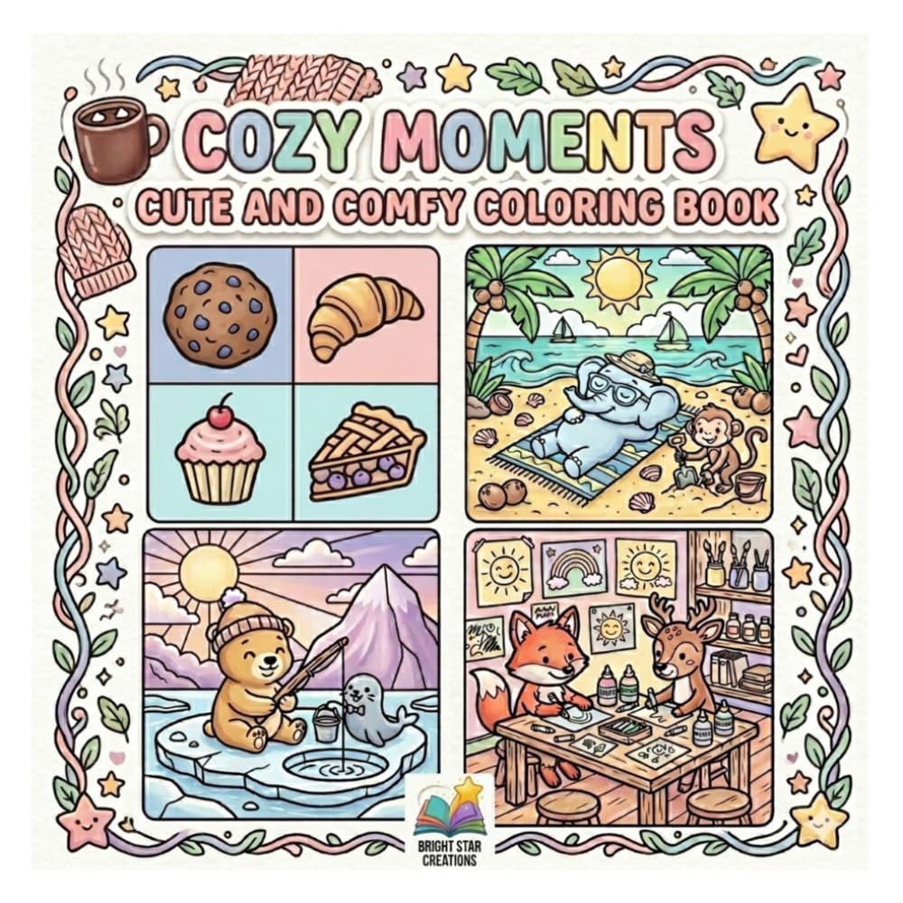COZY MOMENTS CUTE AND COMFY COLORING BOOK: Bold and Easy Coloring book for Kids and Adults Featuring Super Cute Animal Characters for fun and Relaxation