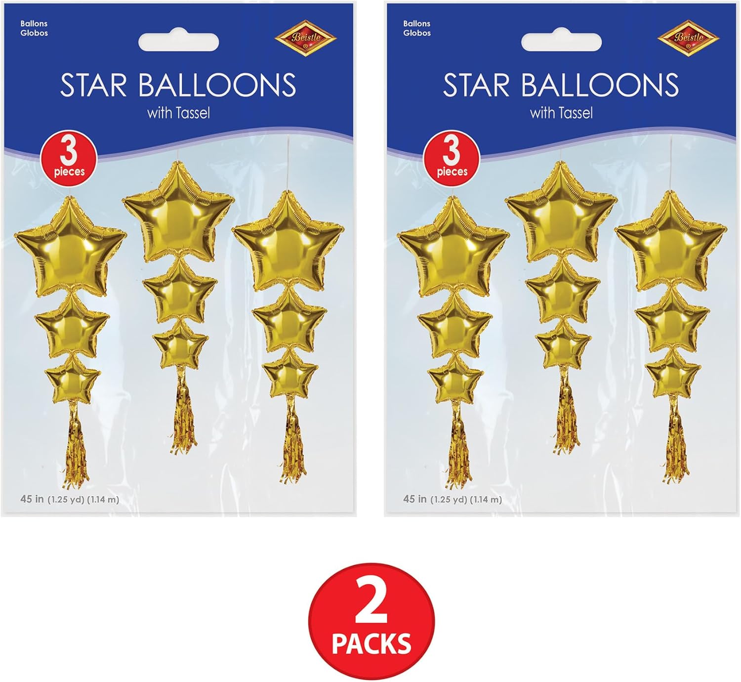 Beistle 6 Piece 3' 9" Long Foil Mylar Star Balloons with Tassels for Birthday Party, Wedding Decor, Baby Shower Supplies