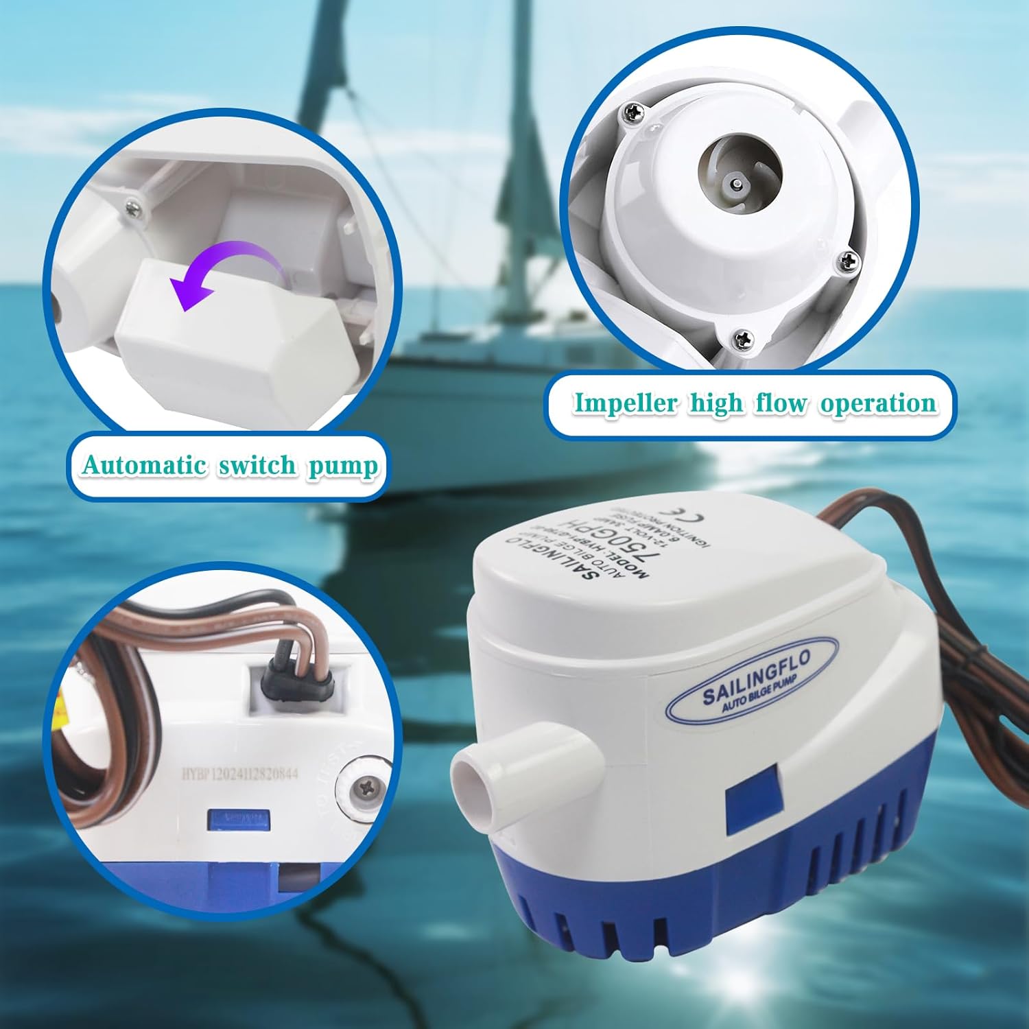 Automatic Bilge Pump for Boats - 750GPH, 12V, 3/4" Outlet, Marine Submersible Water Pump with Snap-Off Strainer & Float Switch, Compact for Yacht, Boat Bilge Pump 12V Automatic