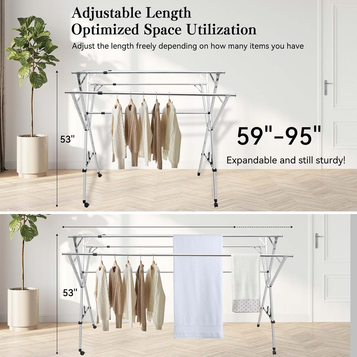 Collapsible Stainless Steel Clothes Drying Rack on Wheels, Adjustable Free-Standing Laundry Stand, Space-Saving Indoor/Outdoor Garment Rack for Efficient Drying