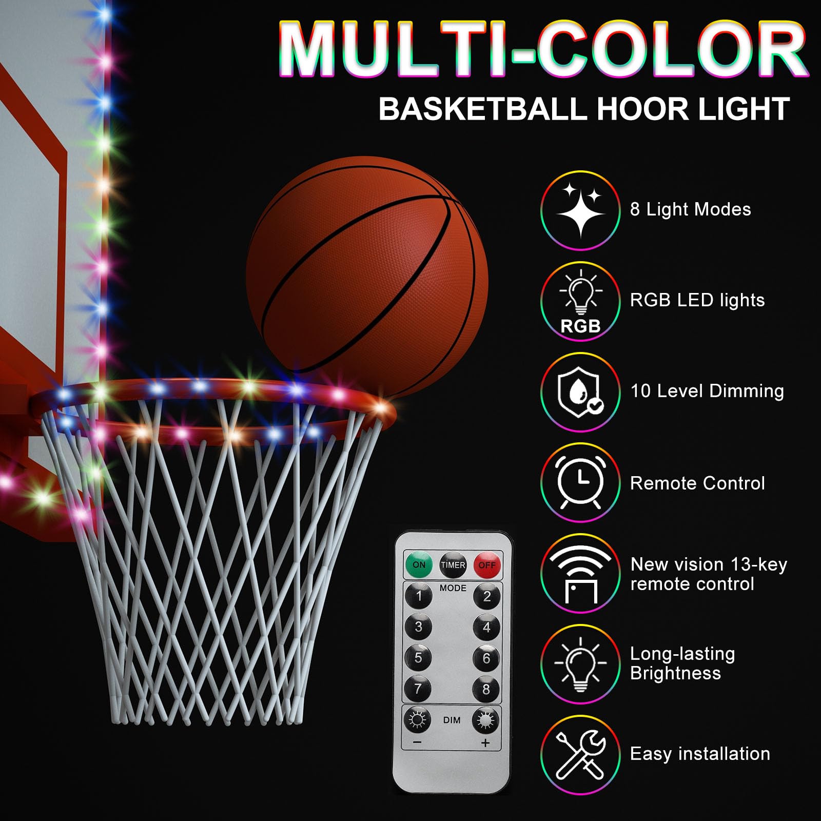 Patikil LED Basketball Hoop Light Set - Rim & Backboard Light, Remote Control, Glow in The Dark Nightlight - Image 2