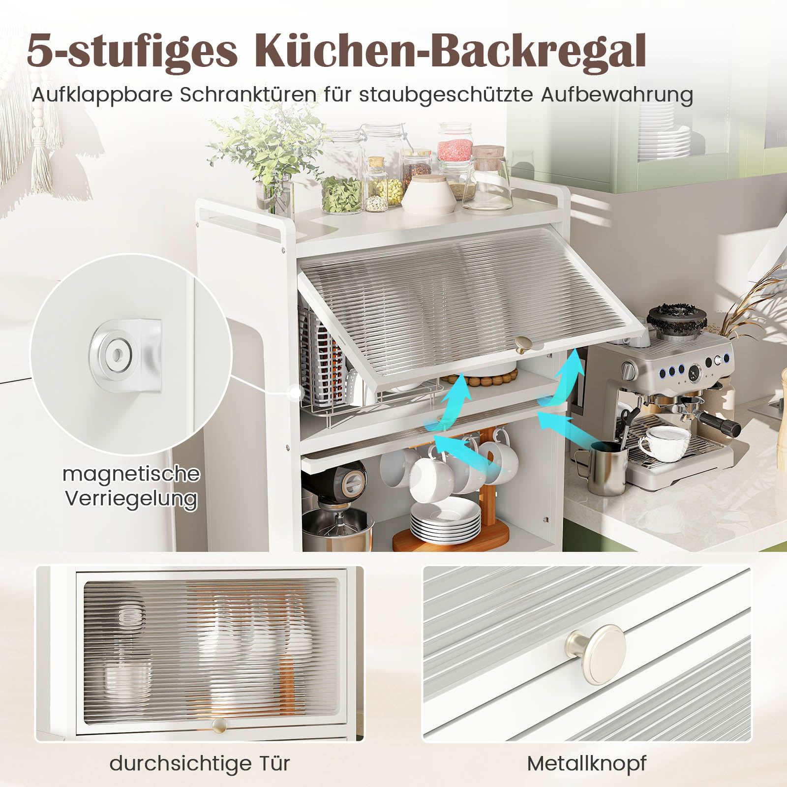 GIANTEX Küchenschrank Vorratsschrank Küche, Küchenregal Stehend auf Rollen, Küchenkommode Küchen Regal 5 Ebenen mit Aufklappbaren PC-Türen, Standregal Hochschrank mit Kippschutz, 60x32x154 cm