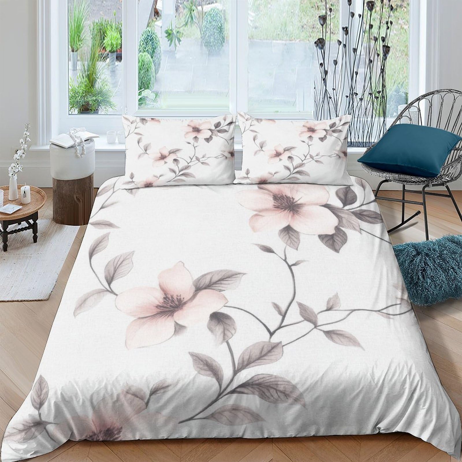 GPLZQXKJNH 3D Printed Pink Floral Duvet Cover Microfiber Soft Breathable Watercolor Blossom Bedding Set with 2 Pillowcases for Bedroom Decor, Single（135x200cm）