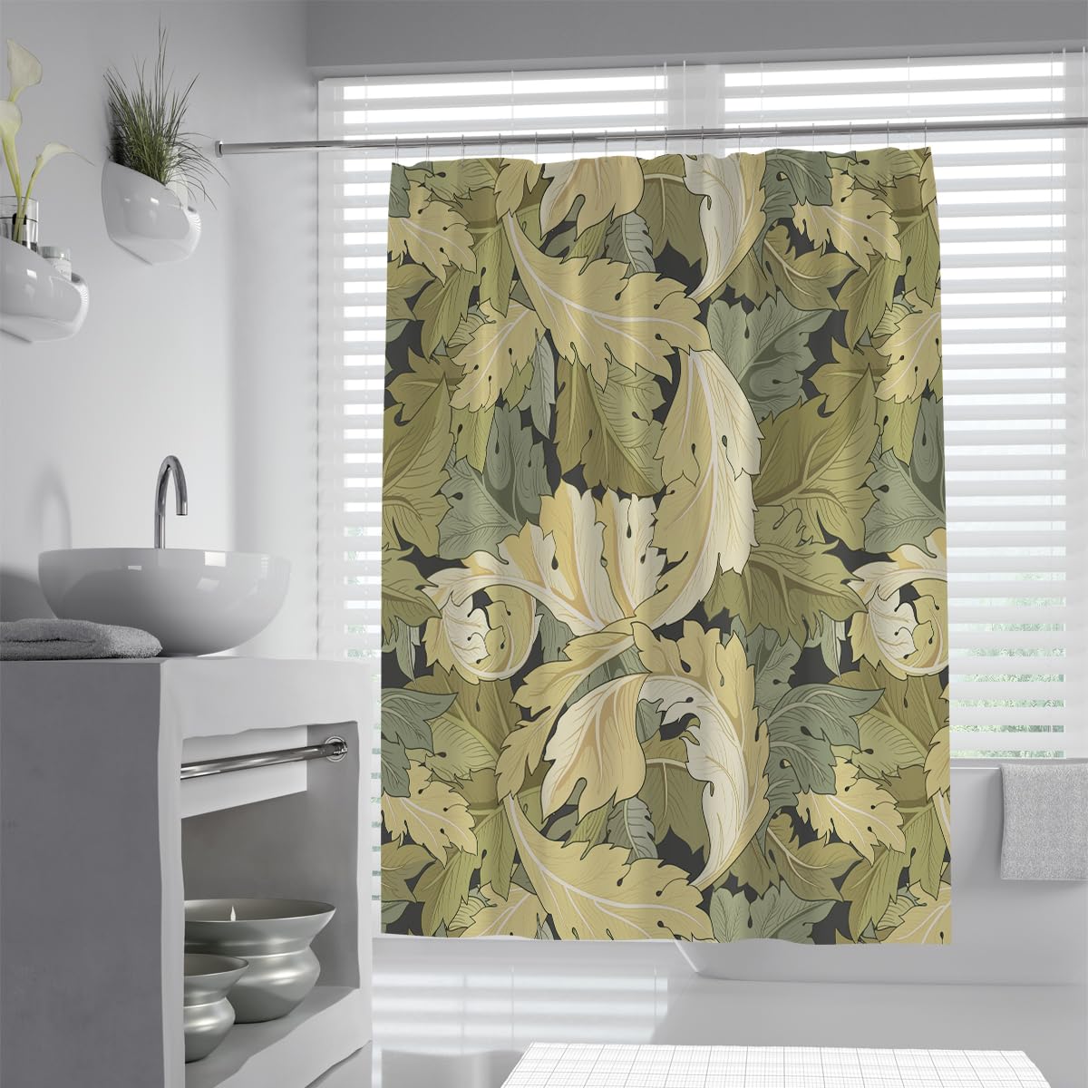 OLLIAR Home Tropical Acanthus Leaves Shower Curtain Waterproof Washable Fabric Bath Curtain Jungle Plant Bathroom Decor Curtains Set with Hooks 180x180