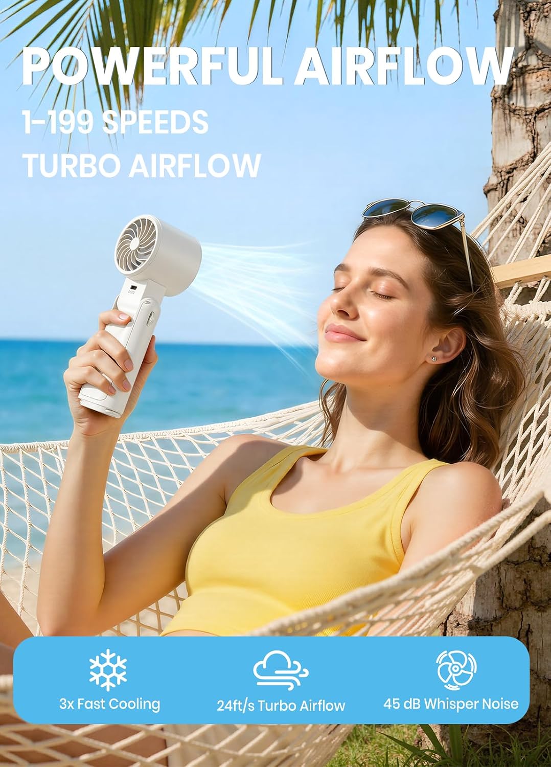 Portable Handheld Turbo Fan, 1-199 Speed Adjustable with LED Display, High-Power Motor, Rechargeable Battery, 4 IN 1 Pocket Design Mini Fans for Indoor/Outdoor/Travel/Work, White