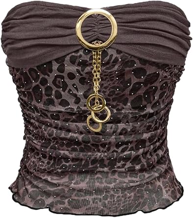 BEAUDRM Womens Leopard Strapless Tube Tops Y2k Cheetah Ruched Bandeau Crop Top