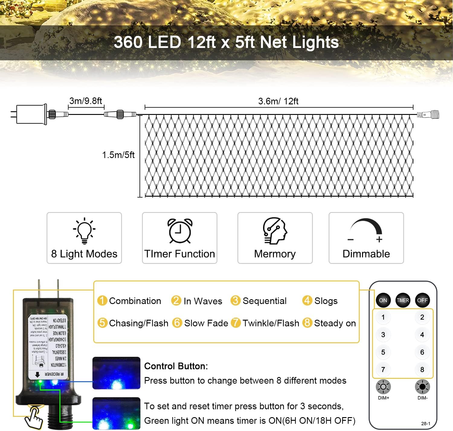 JMEXSUSS 360 LED Christmas Net Lights Outdoor Waterproof, Connectable 12ft x 5ft Net Lights Outdoor Mesh Lights with Remote, Plug in Warm White Net Lights for Bushes Shrubs Christmas Decorations