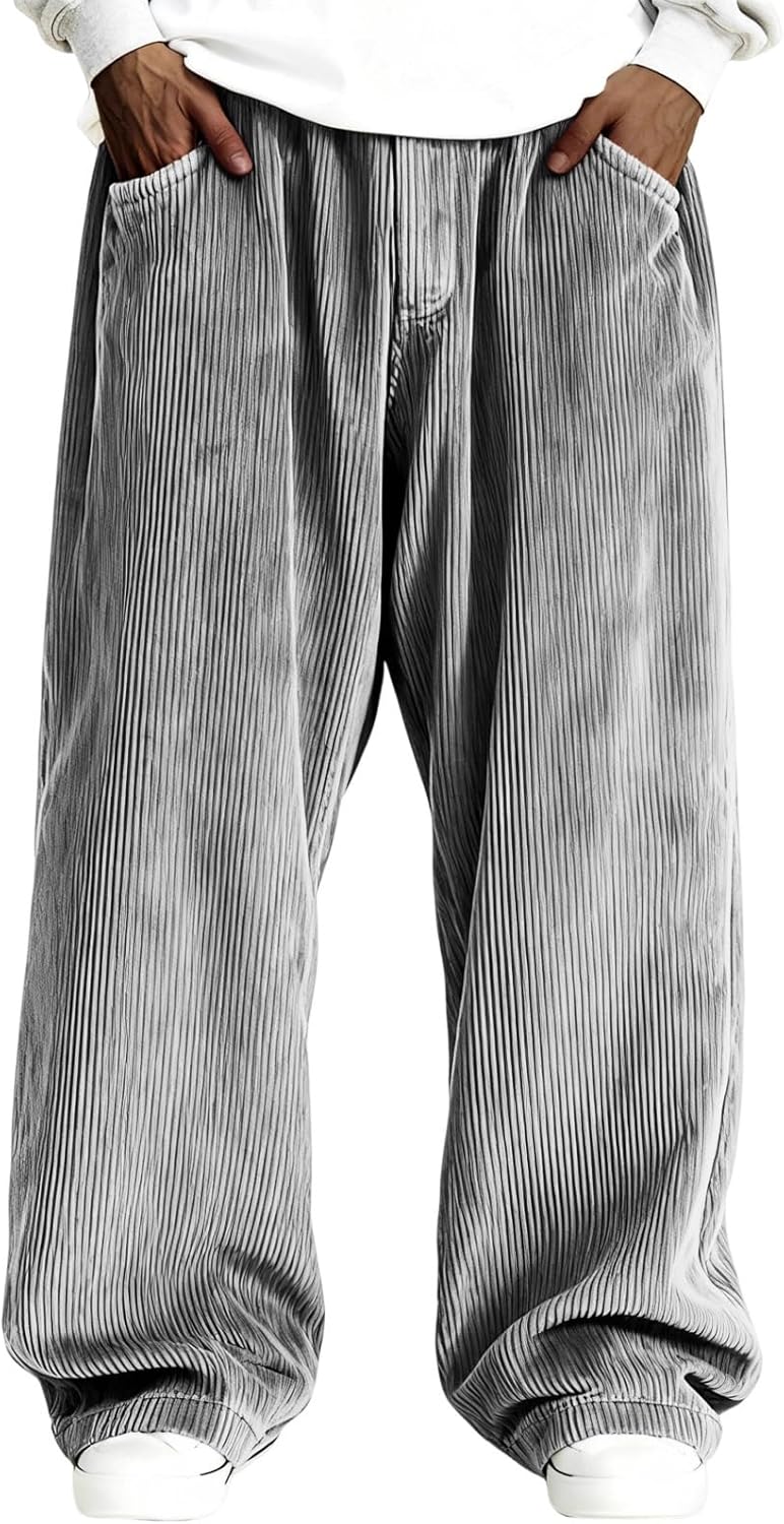 DuDubaby Baggy Sweatpants Men's Baggy Corduroy Pants Straight Leg Casual Sweat Pants Drawstring Athletic Workout Gym Jogger
