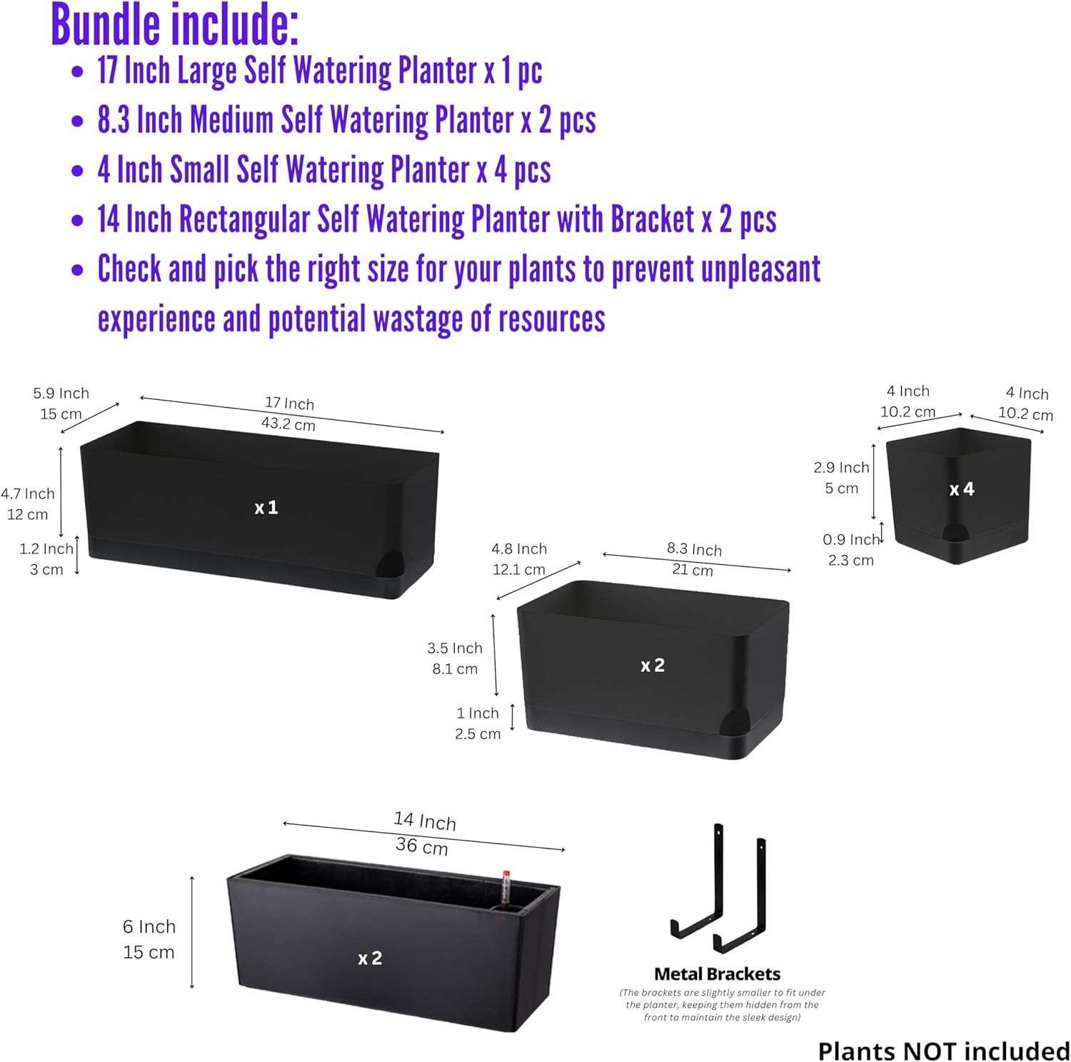 LaLaGreen Bundle- 7 Pack, Assorted Sizes Self Watering Planter + 2 Pack, 14 Inch Black Self Watering Pot Indoor Flower Herb Plant Pot Windowsill Stylish Rectangular Hanging Home Decor Outdoor Garden