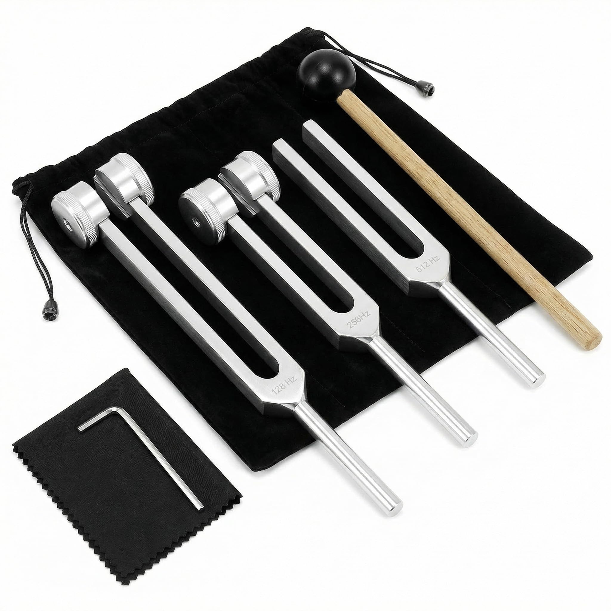 QWORK® Juego de Horquillas de Afinación 128 Hz, 256 Hz y 512 Hz, Diapasones de Aleación de Aluminio con Martillo de Silicona para Música, Afinación, Meditación y Demostraciones Acústicas