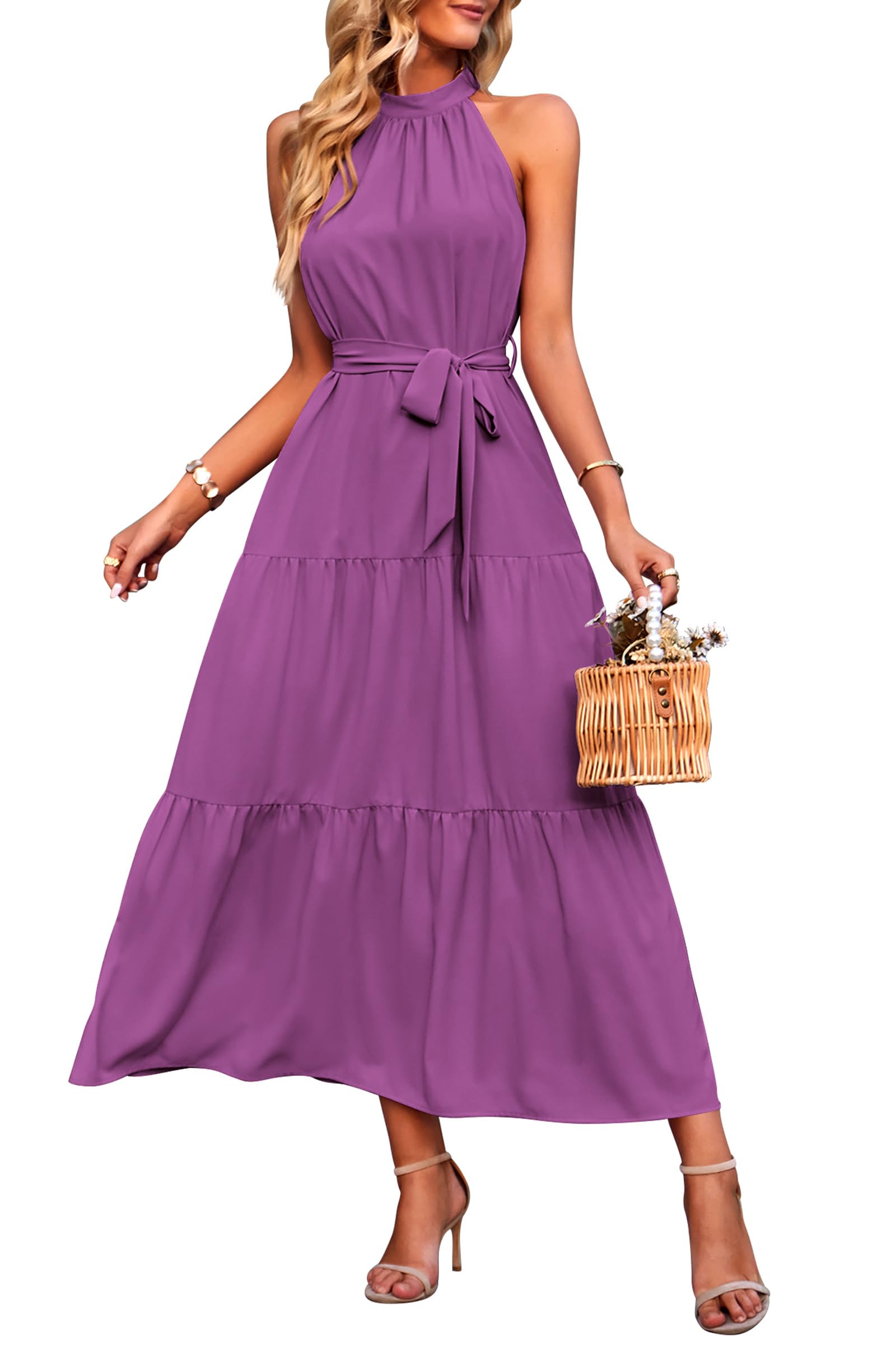 PRETTYGARDEN Women's Summer Floral Maxi Sun Dress Sleeveless Halter Neck Flowy Ruffle Hem Long Boho Dresses with Belt