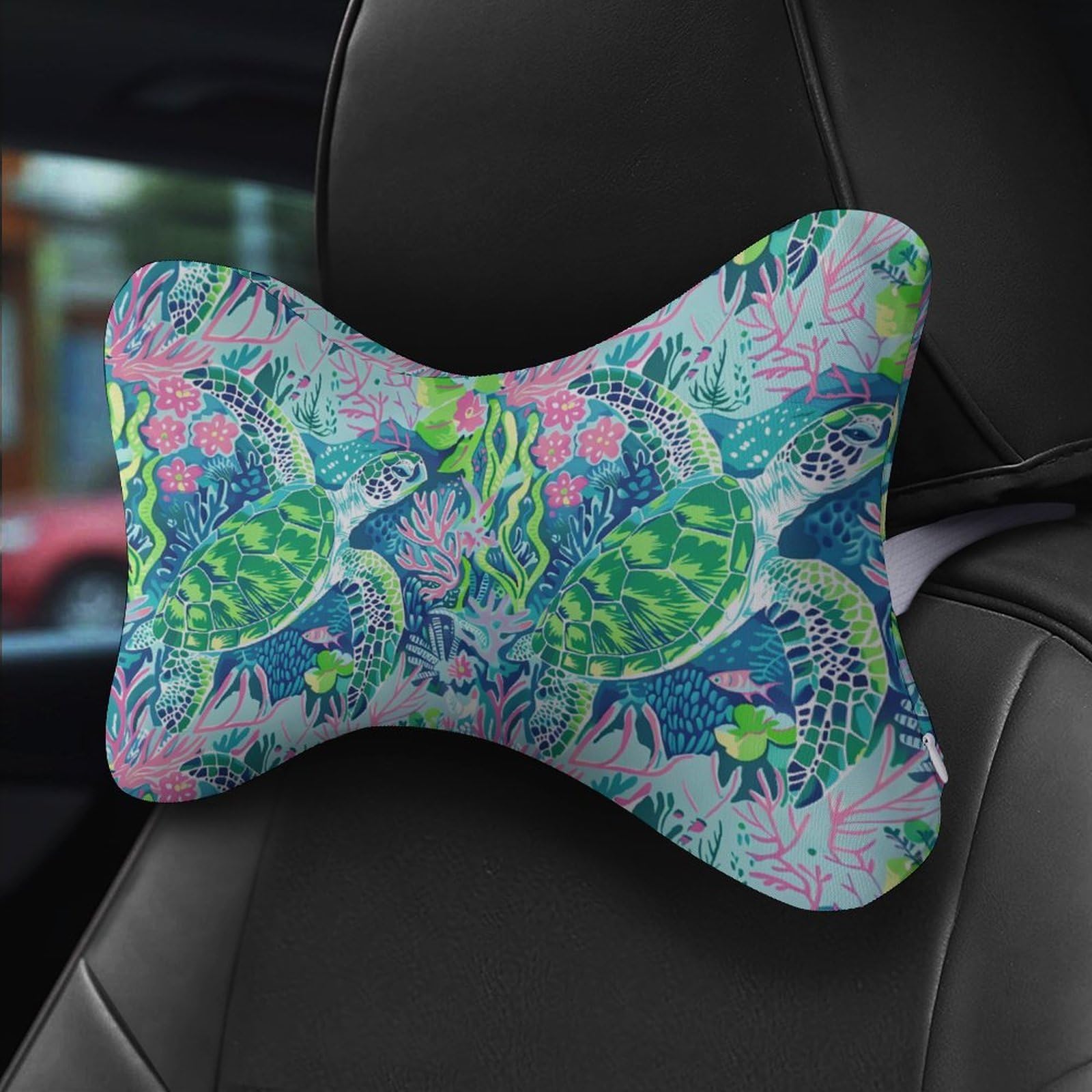Floral Sea Turtles Car Neck Pillow Set of 2 Car Seat Head Support Cushion Bone Pillows with Elastic Strap