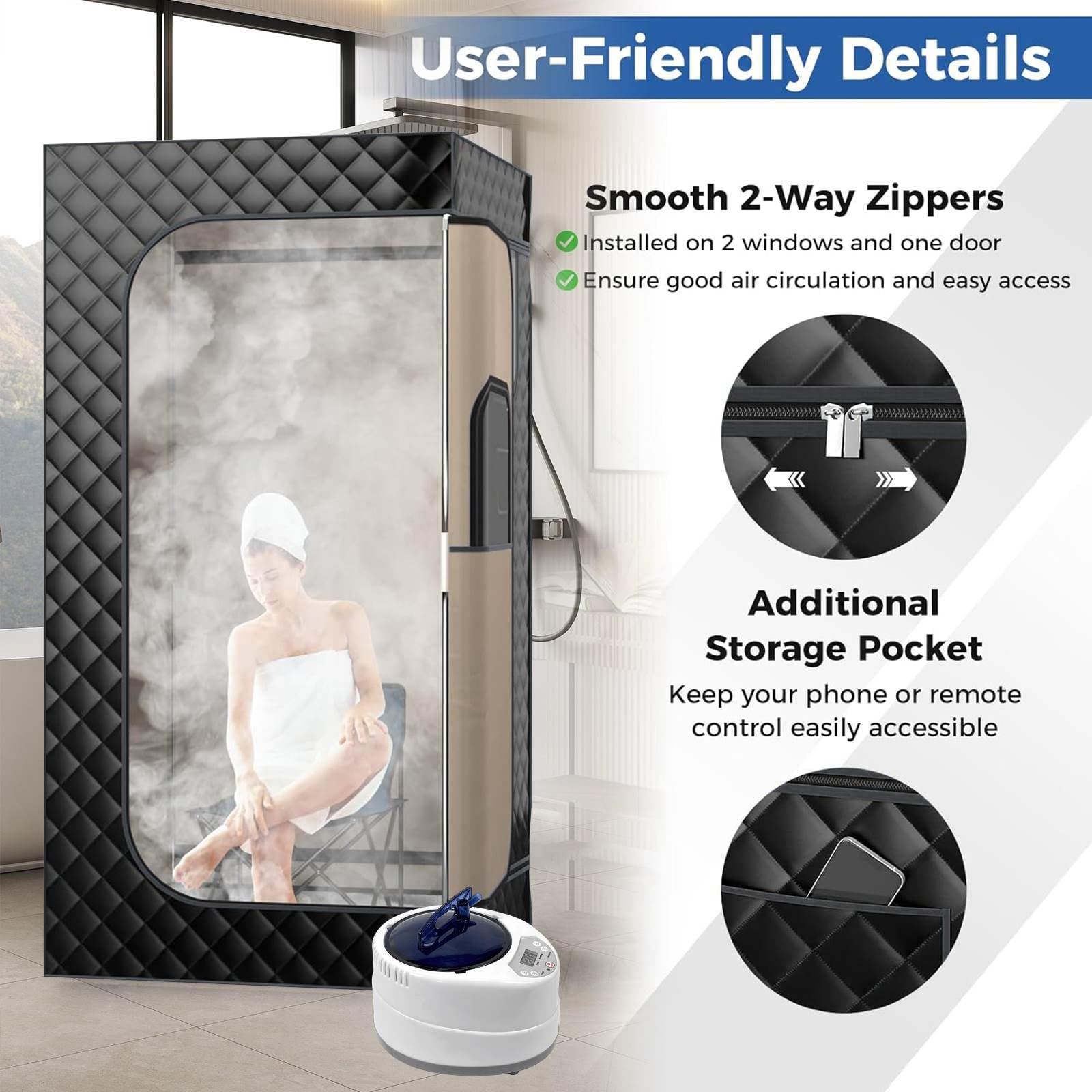 Sauna, Sauna à Vapeur Portable, Sauna Pliable Cabine 1000 W, avec Télécommande et 1 Instrument De Fumigation, Pour Les Spas De Sauna Tente à Domicile 172 * 100 * 82CM (Noir)