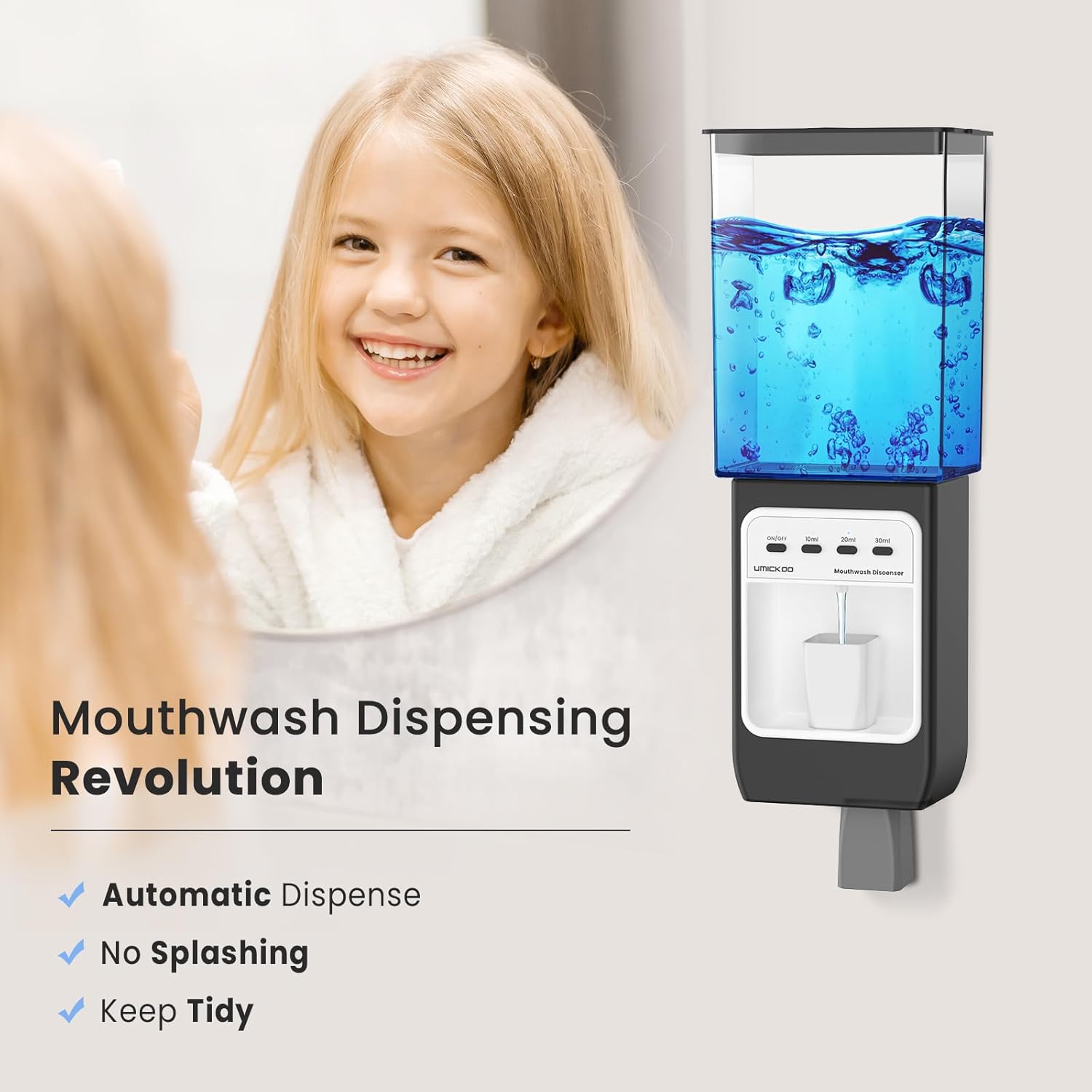 Auto-Mouthwash Dispenser for Bathroom - 700mL Rechargeable Wall-Mounted with 2 Magnetic Cups, 3 Smart Levels, No-Drill Installation for Kids & Adults (12-Month Battery) - Image 6