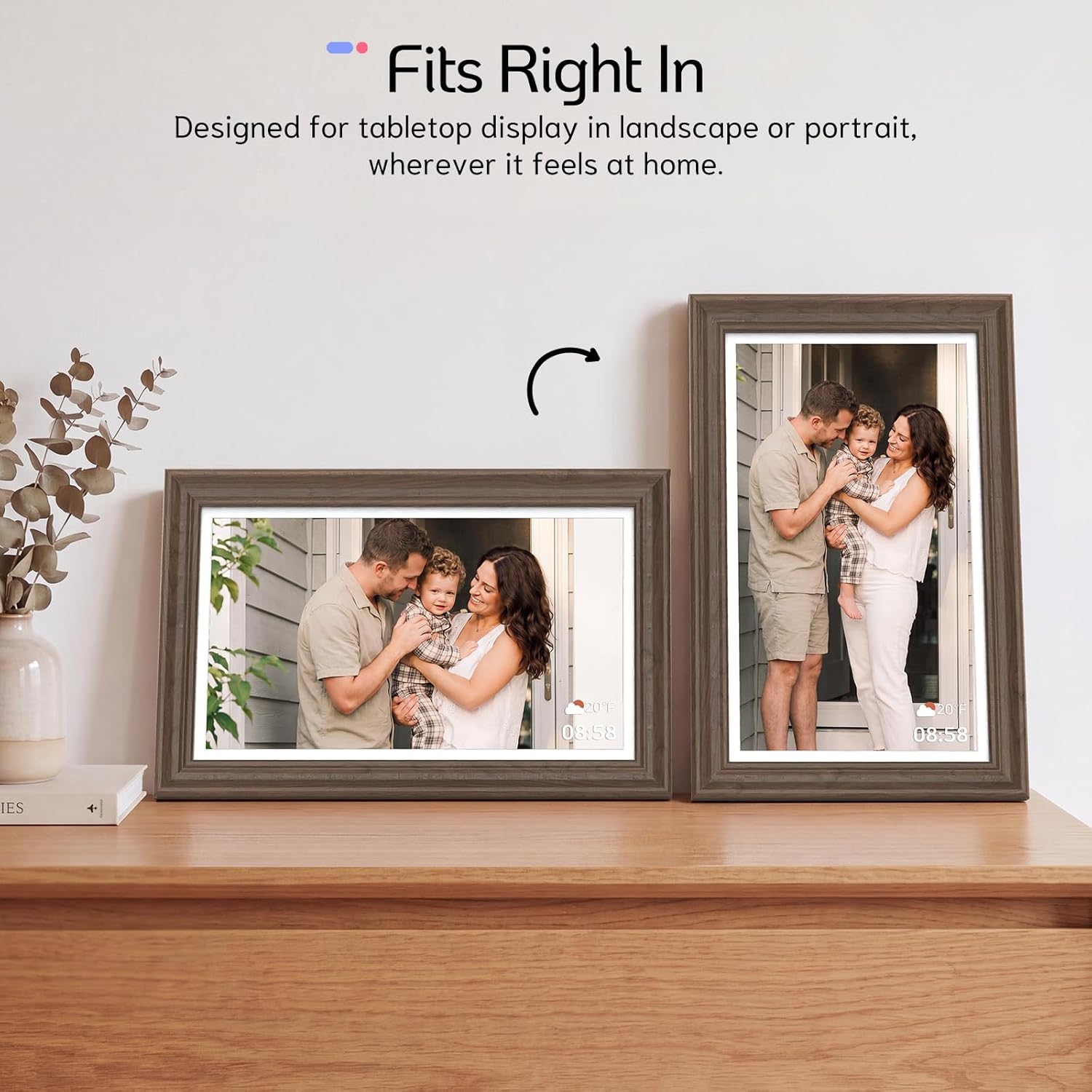 NexFoto Touchscreen Digital Picture Frame 15.6'', FHD WiFi Digital Photo Frame, Wood Electronic Frame 64GB, Add Pics from Google Photos, Share Videos via APP/USB, for Mom/Grandparents/Birthday, Walnut