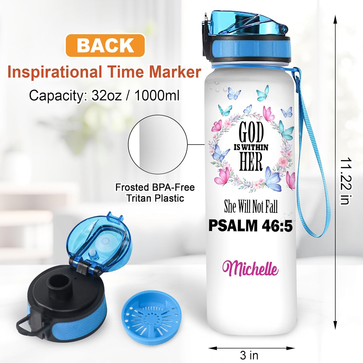 Hyturtle Personalized Christian Water Bottle - 32oz Motivational Water Bottle with Leak-Proof Lid Time Marker - Custom Name Gift for Butterfly Butterfly Lovers Women Girls On Birthday Christmas