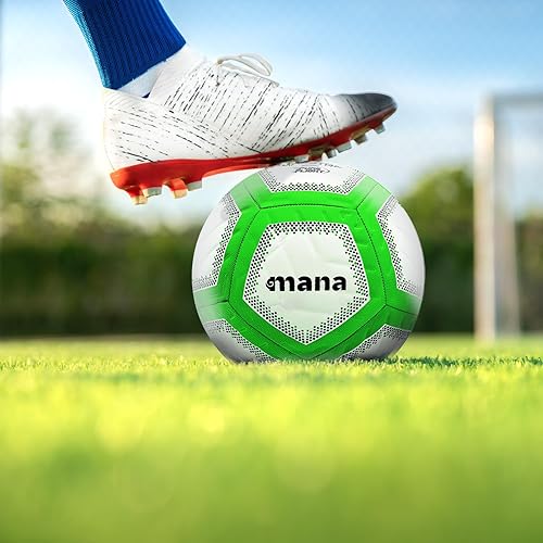 Miniatura 7 de Mana Maestro Balón de fútbol tamaño 5, tamaño y peso oficiales, pelota de fútbol híbrida para adultos verde neón y negro, con costuras impermeables