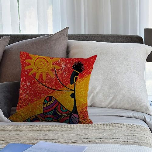 Miniatura 7 de HGOD DESIGNS Funda de almohada de niña africana, diseño abstracto de niña africana sostiene el sol, pintura digital, ilustraciones de algodón, lino,