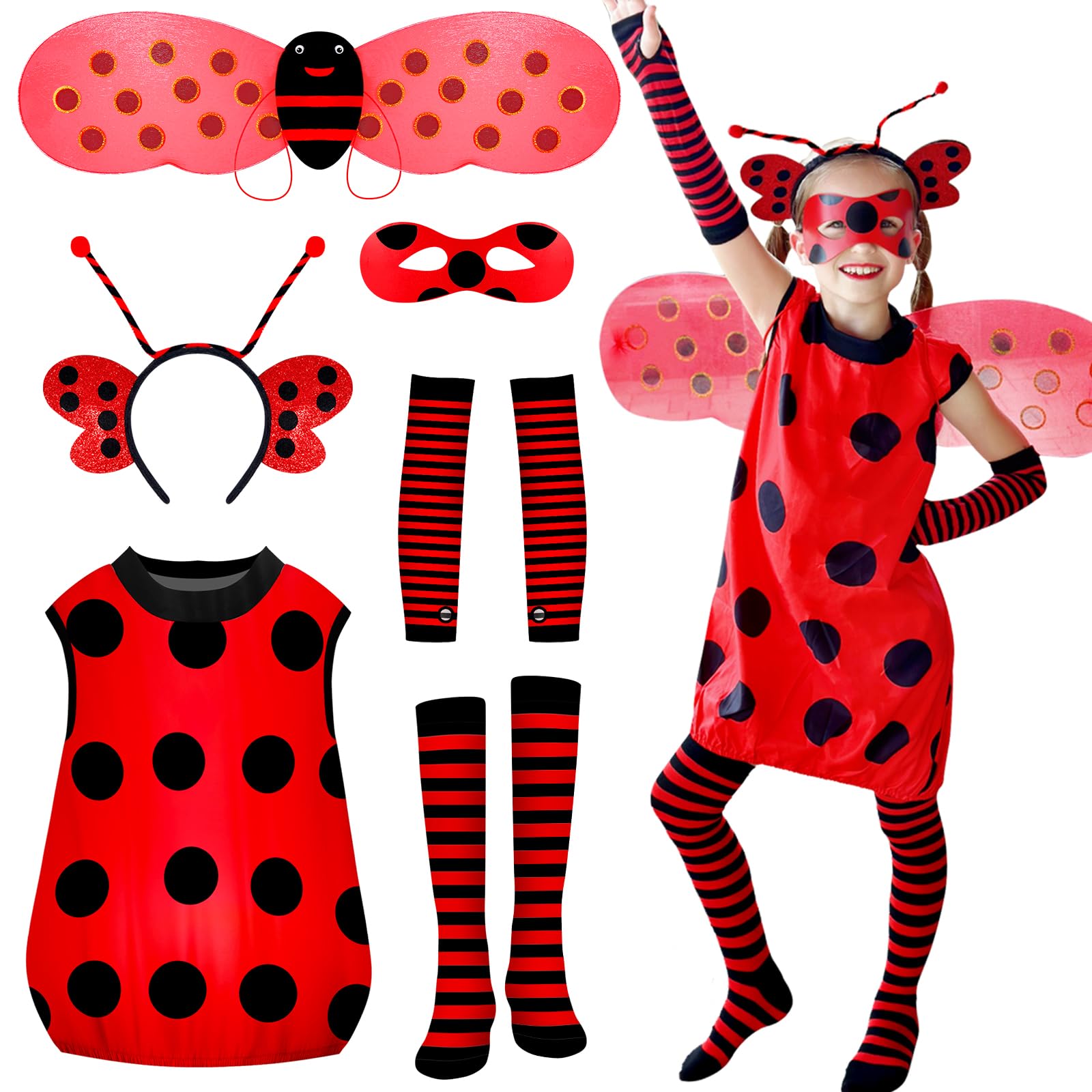 INNOCHEER Ladybug Costume for Girls, Ladybug Costume Toddler Halloween Birthday Dress Up Pretend Play for Kids 3-10