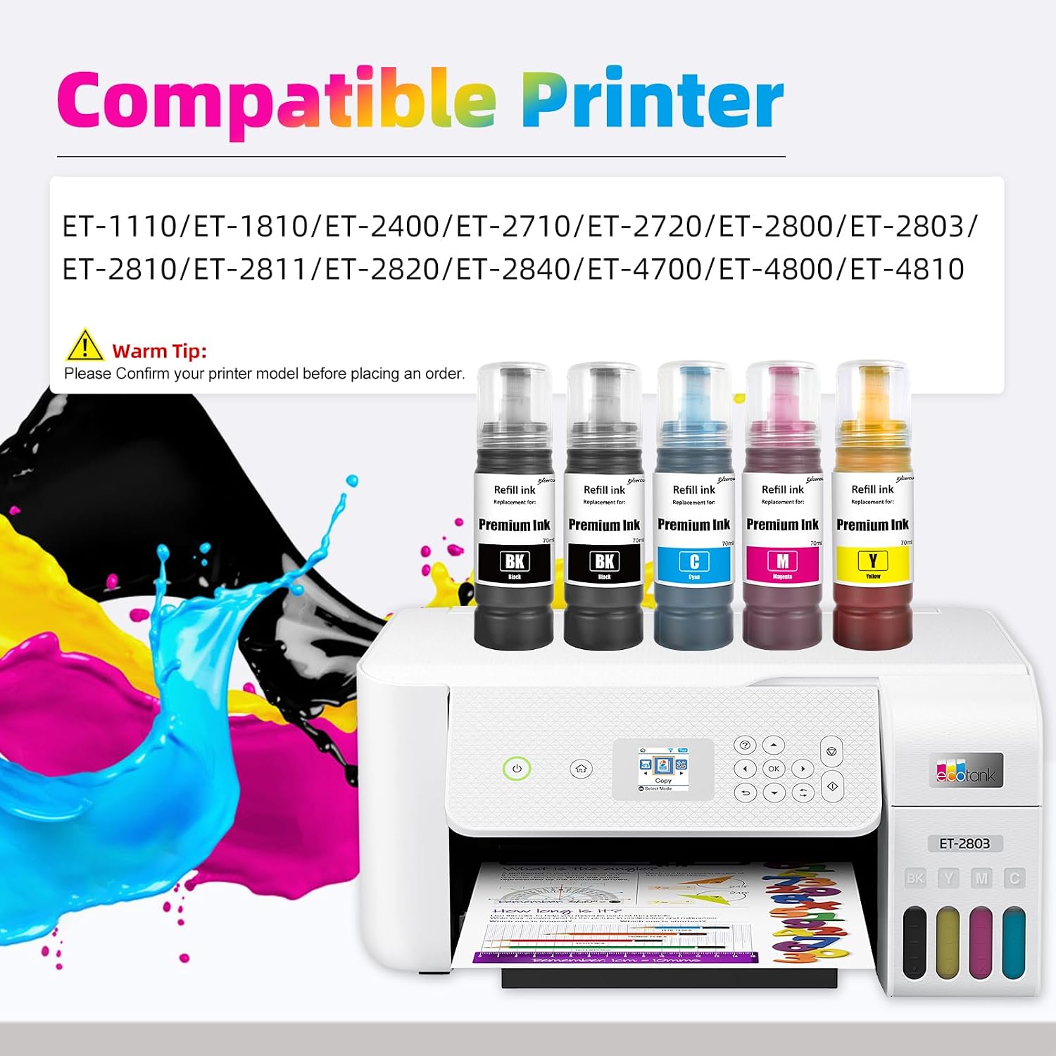 Ink Refill Bottles Compatible for ET-2760 ET-4760 ET-2750 ET-2720 ET-3760 ET-2850 ET-15000 ET-2800 ET-4700 ST-4000 ST-2000 ET-3710 ET4810 ET-3850 Printer (2BK C M Y)