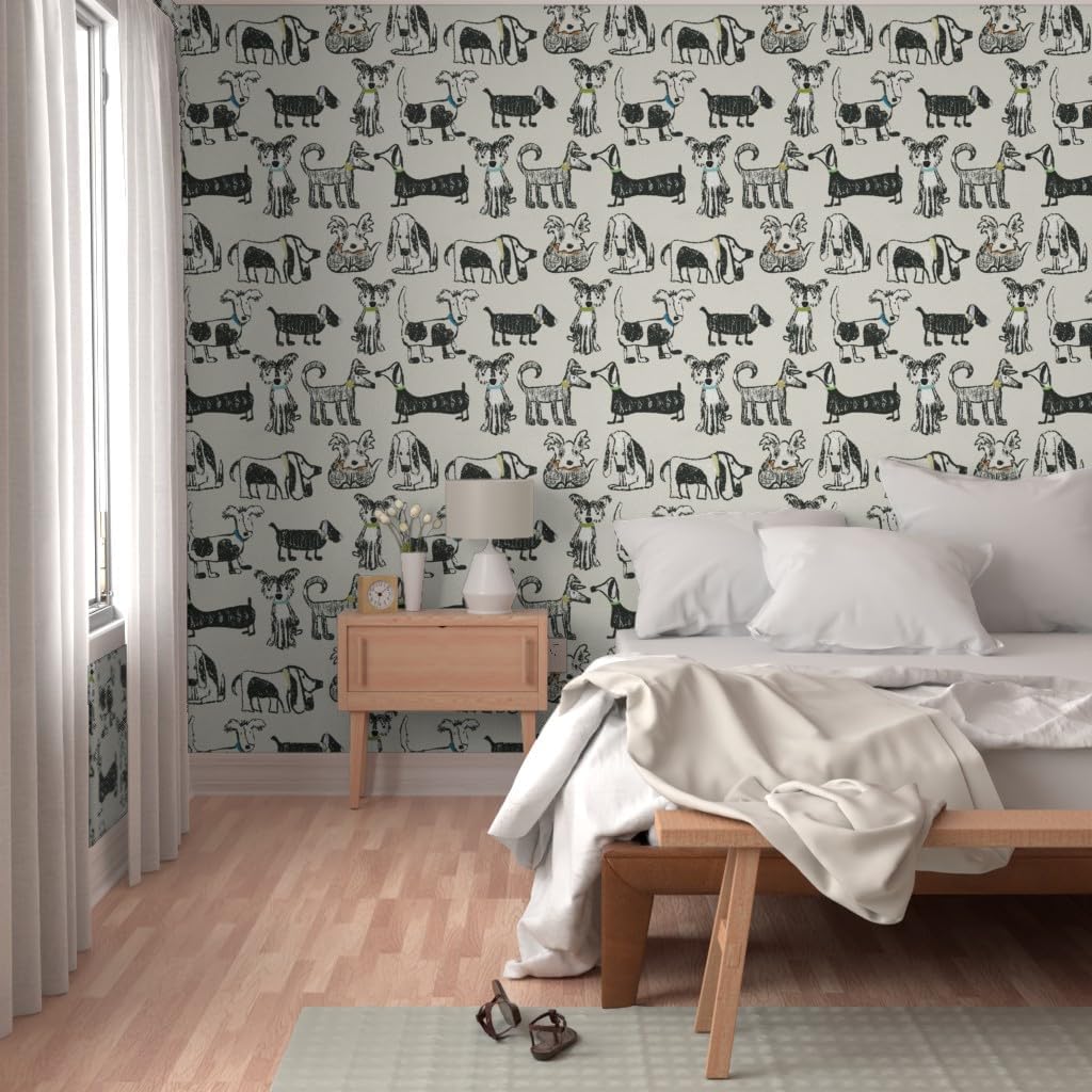 Peel & Stick Wallpaper 6ft x 2ft - Doggone Gender Neutral Black Dogs Pet Animal Puppies Sketch Custom Removable Wallpaper by Spoonflower