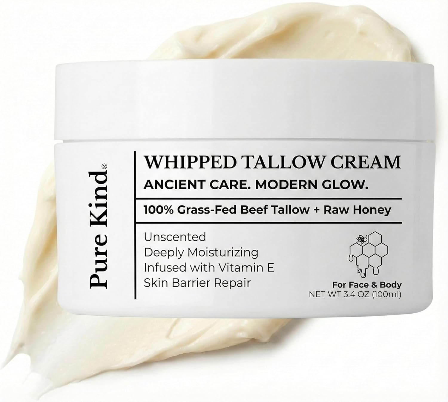 Whipped Tallow Cream with Raw Honey – 100% Grass-Fed Tallow Moisturizer | Natural Skin Care for Face & Body | Deeply Hydrating for Sensitive & Dry Skin | Natural Lotion, 3.4 oz (Unscented)