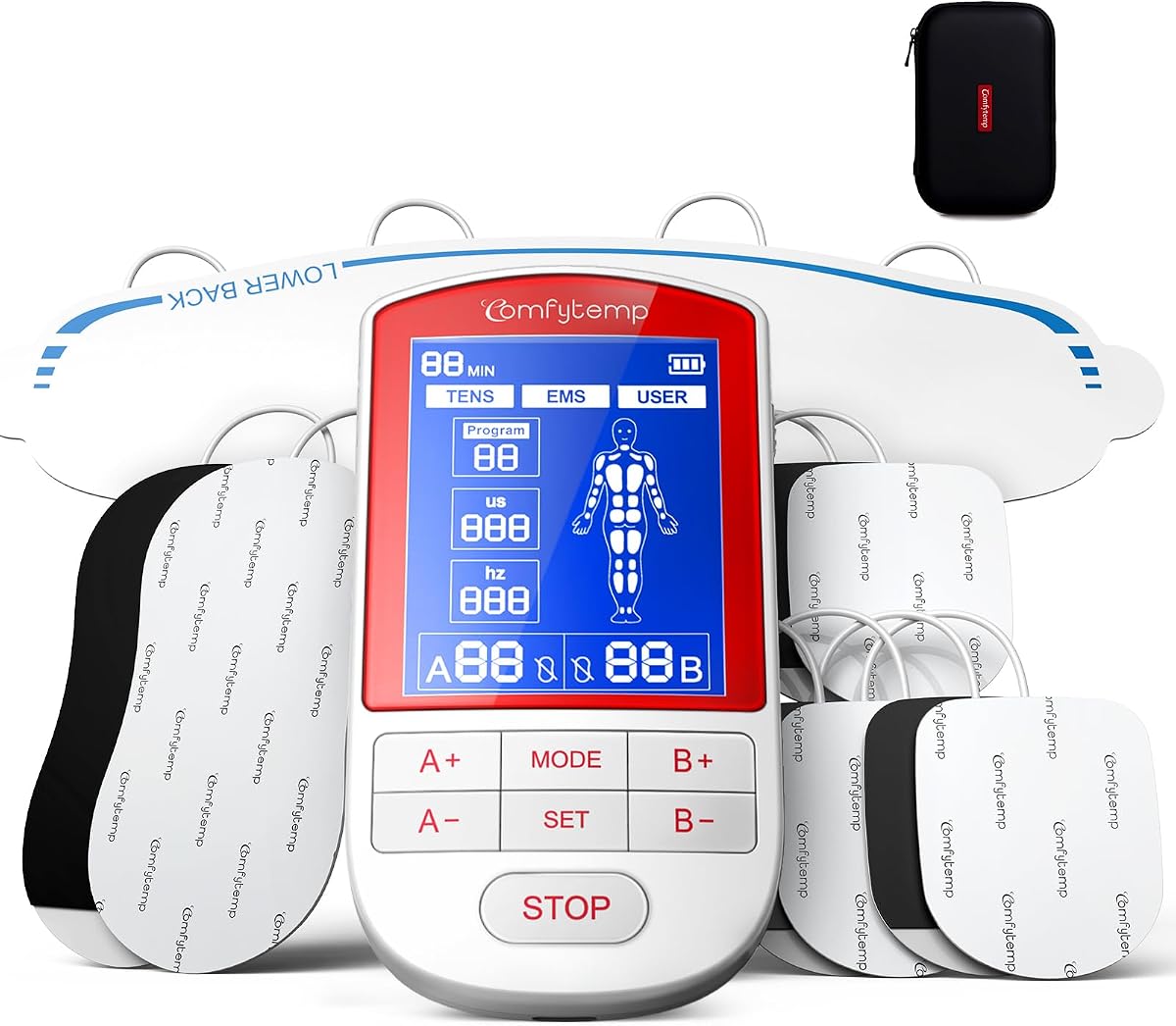 Comfytemp 3-in-1 TENS Unit with Large Back Pad, Pain Relief & EMS&User Mode | TENS Unit Muscle Stimulator, 20 Modes FSA Eligible TENS Machine EMS Massager for Back, Neck, Shoulder, Limbs with Storage Box