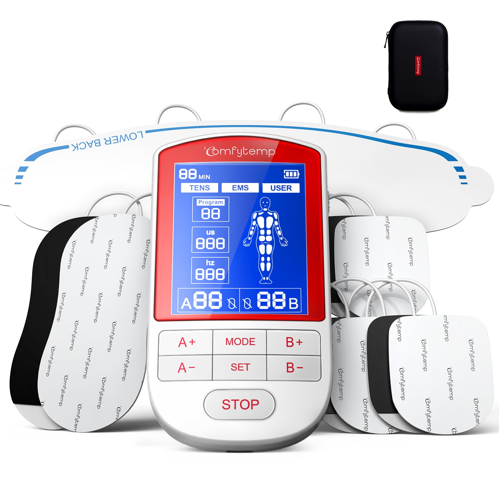 Comfytemp 3-in-1 TENS Unit with Large Back Pad, Pain Relief & EMS&User Mode