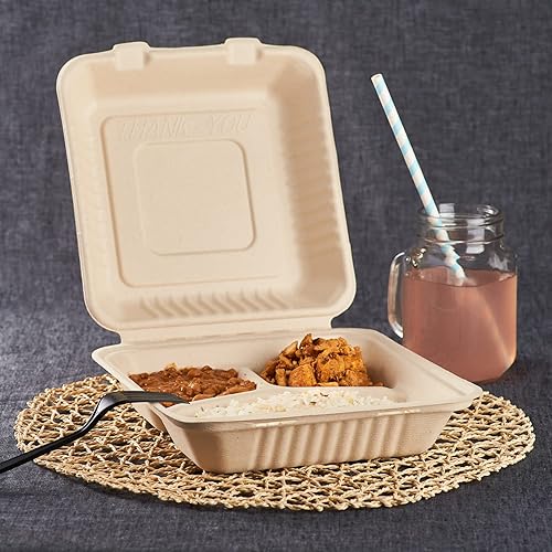 Miniatura 3 de KARAT EARTH Clamshell - Recipientes de alimentos para llevar [9 x 9 pulgadas, 200 unidades] 3 compartimentos Contenedores compostables