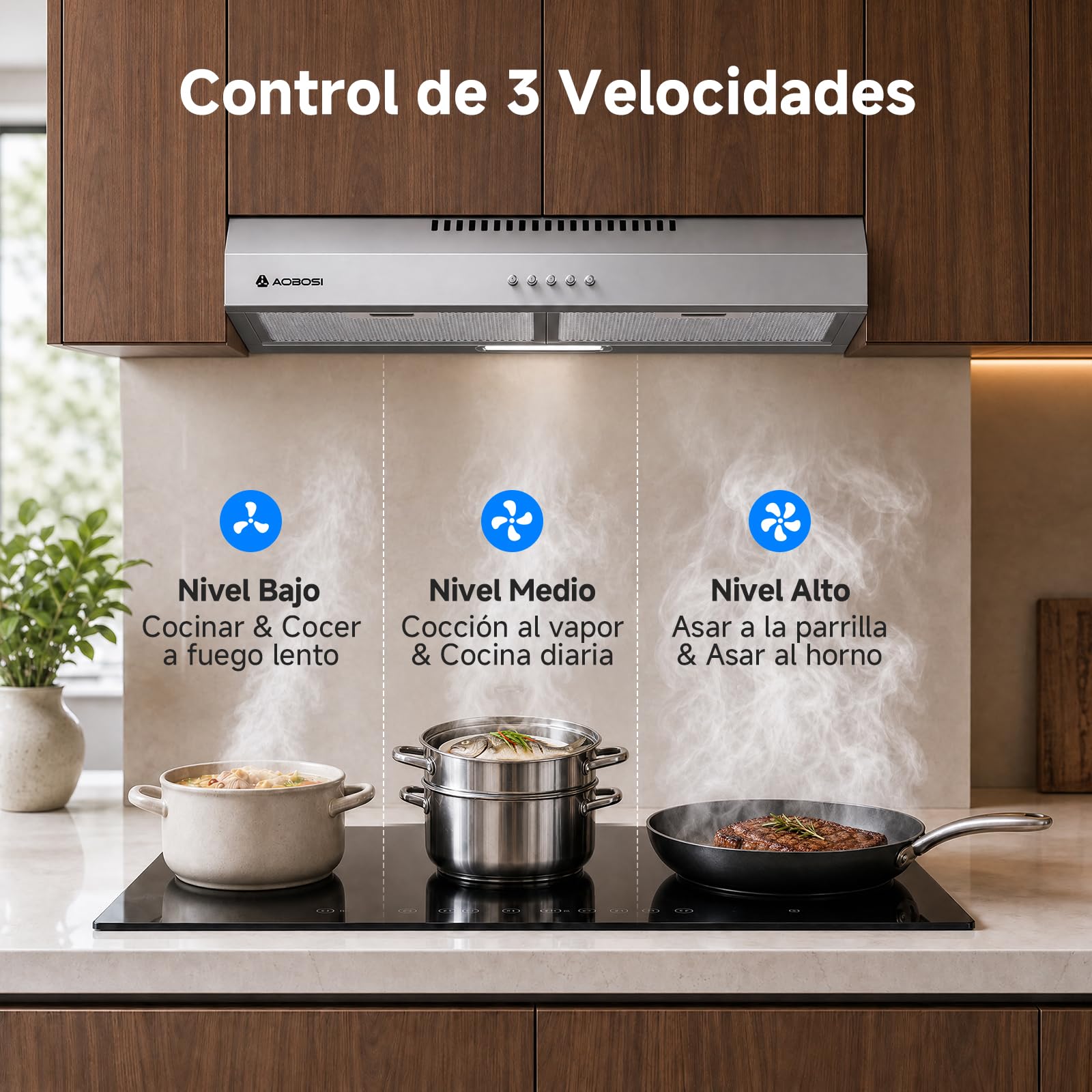 AAOBOSI A++ Campana Extractora 60 cm, 3 Niveles de Potencia, 230m³/h Extractor Cocina, Filtro de Carbón, Iluminación LED, Acero Inox Silver