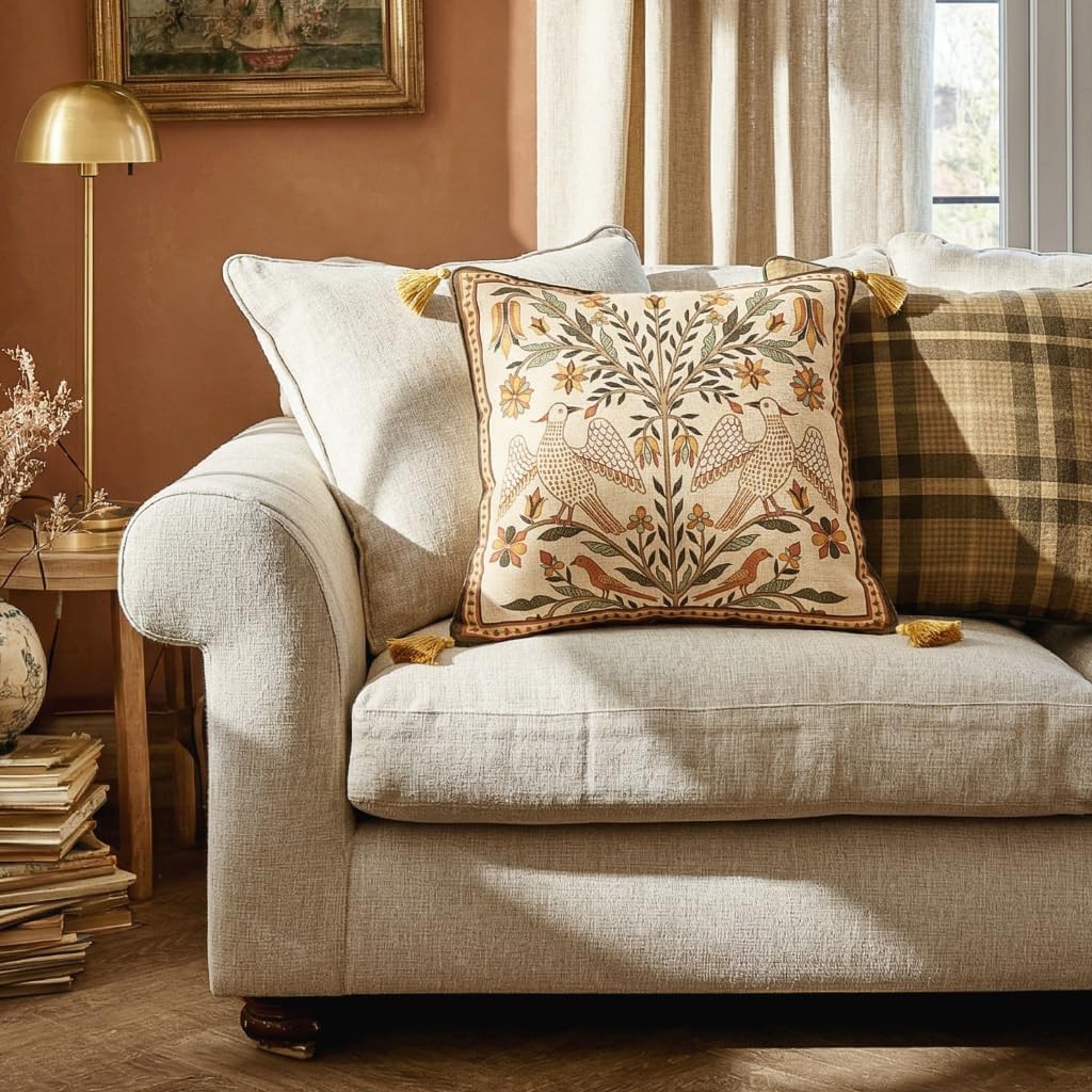 Brown Throw Pillow Covers Set of 2,Floral Farmhouse Yellow Birds Flower Pattern Linen Accent Pillows Cover for Couch,Decorative Pillows for Couch Sofa Bed Chair Cushion Covers 18"x18"