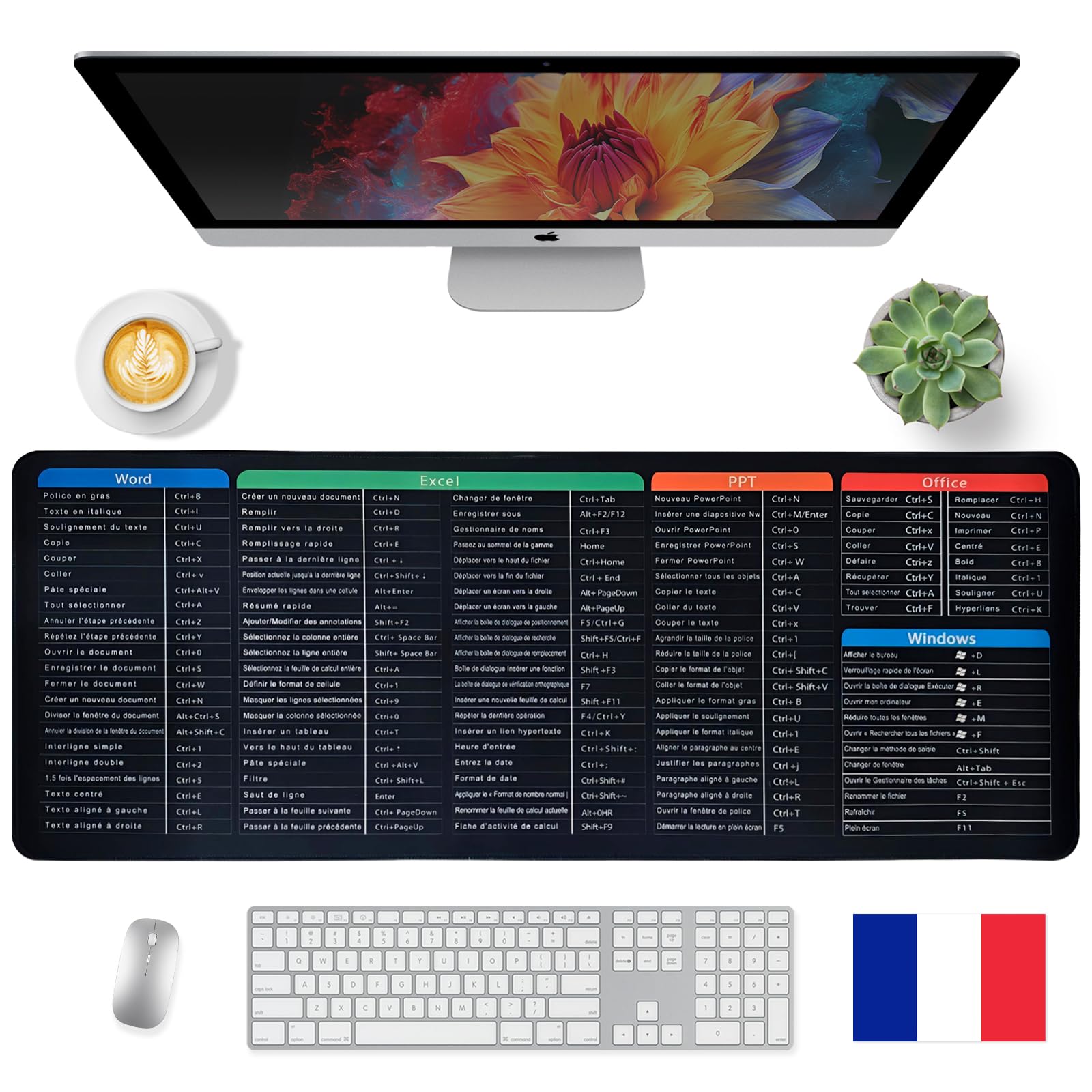 Tapis de Souris Raccourcis Excel 800x300 mm, Tapis de Bureau Étendu Formules et Raccourcis Clavier