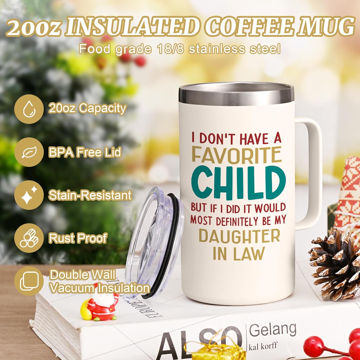 Qtencas Mother In Law Gifts, Gifts for Mother In Law, My Daughter-In-Law Is My Favorite Child 20 Oz Insulated Coffee Mug, Christmas Mother’s Day Gift for Son's Wife, Creamy - Image 3