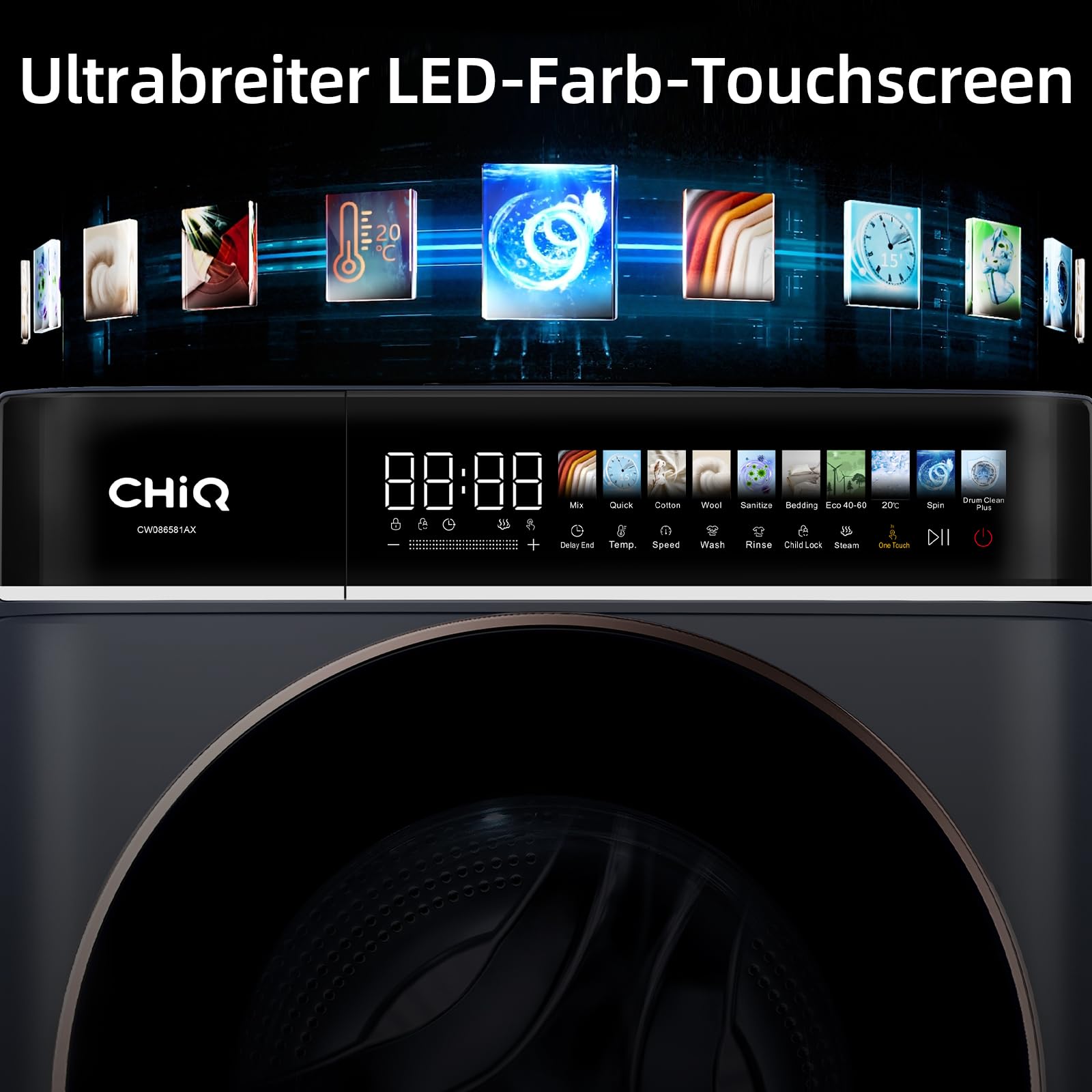 CHiQ Waschmaschine 8kg Frontlader, 1400 U/min, EEK A-15%, Touchscreen, Dampffunktion, 52cm tief, Schwarz