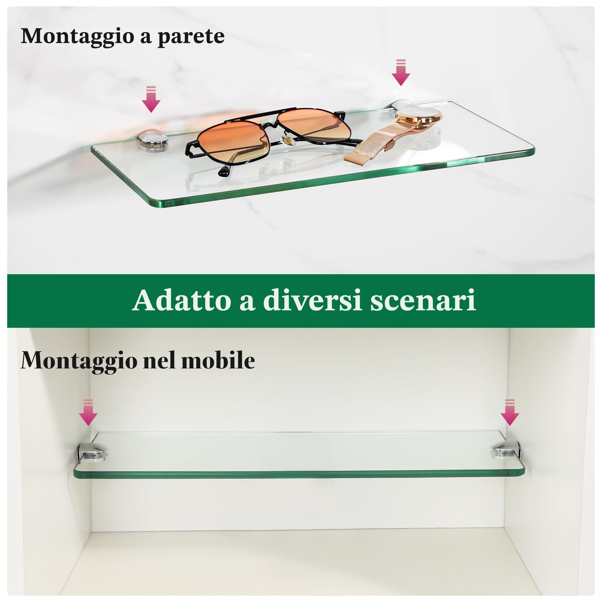 SAYAYO Mensola Doccia Vetro Mensola in Vetro per Bagno Mensola Bagno con Supporto Cromo Lucido, Mensole da Muro 30 CM, 2 Pezzi