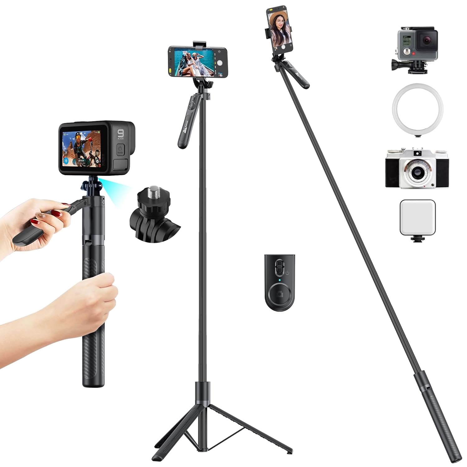 WeCool S5 Selfie Stick with Tripod Stand, 6section Telescopic Pole with 70in/178cm Long Stick, Ultimate Stability with 360°Rotating Handle & Reinforced Tripod Stand, Selfie Stick for Photos &Vlogging