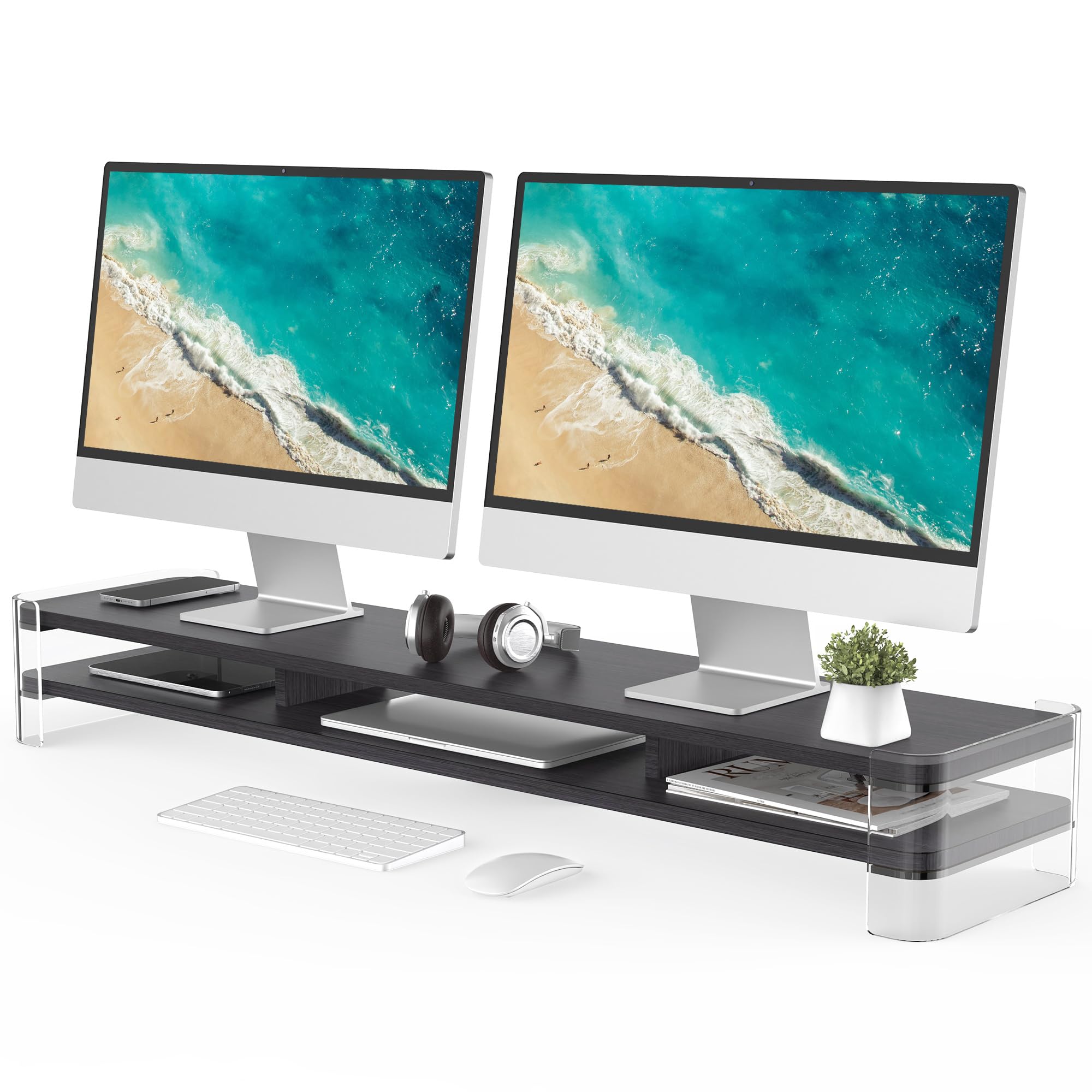 Fenge Soporte Monitor de Acrílico Grande, Elevador Monitor con Gran Espacio de Almacenamiento, Soporte para Monitor Doble para PC/Portátil/TV 109.4x23.5x15cm Negro