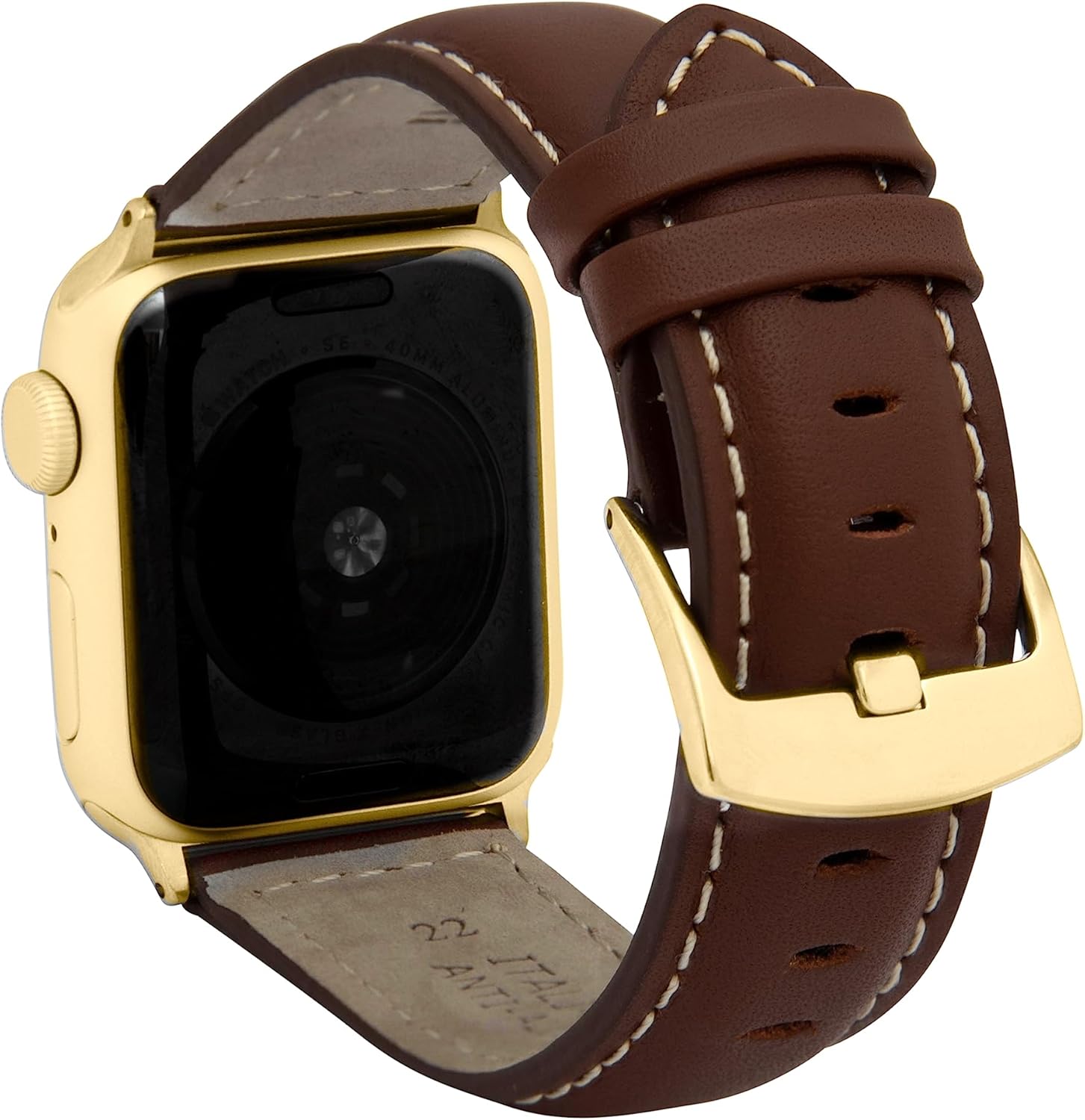 Bandini Mens Classic Leather Band for Apple Watch Band 46mm 45mm 42mm 44mm 41mm 40mm 38mm 49mm & Ultra 1 & 2, fits Apple Watch Series 11 10 9 8 7 6 5 4 3 SE, Extra Long XL, Light Brown/Stitch/Gold