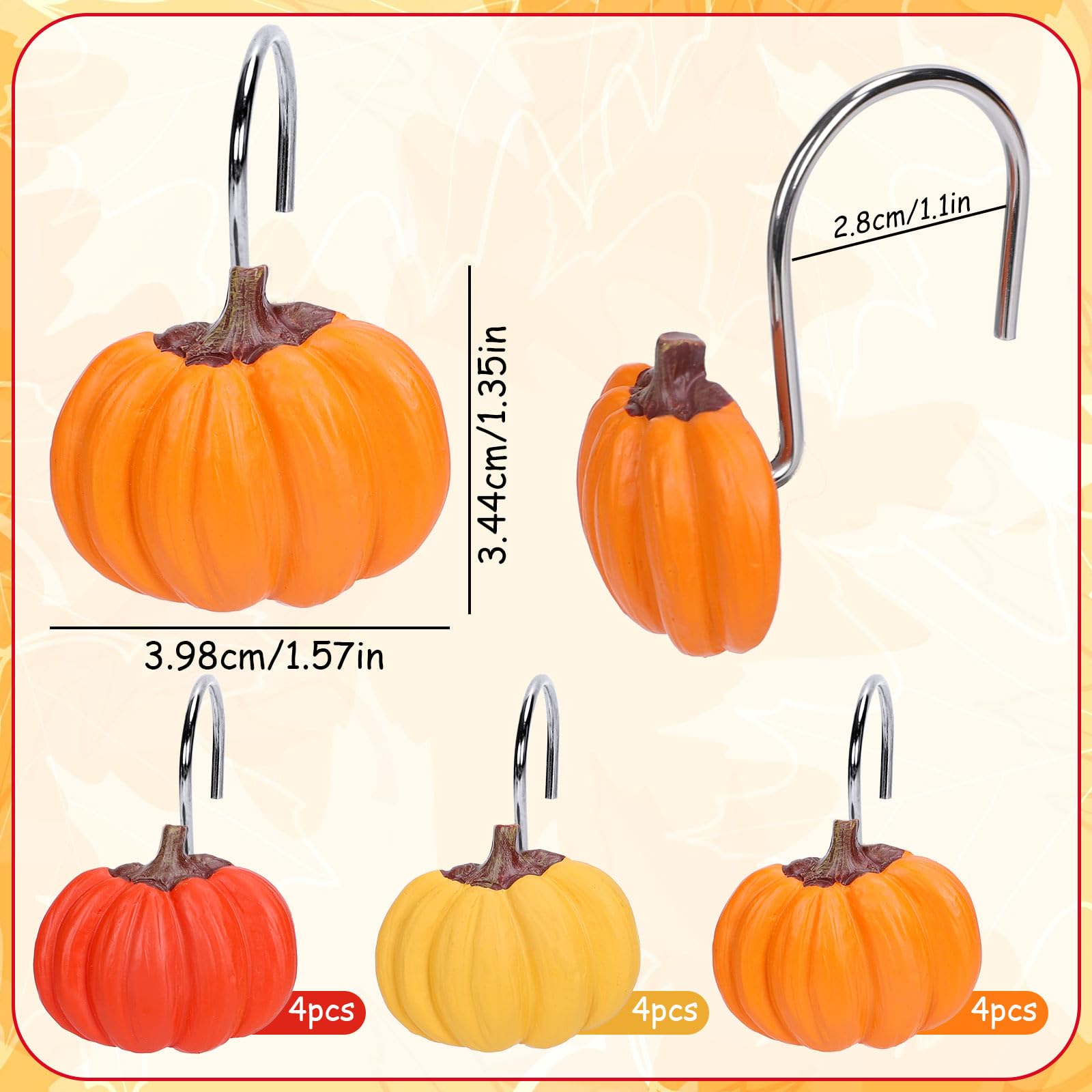 JarThenaAMCS 12Pcs Fall Pumpkin Shower Curtain Hooks 3 Colors Curtain Rings Autumn Thanksgiving Harvest Decorative Curtain Hanger Hooks for Living Room Bedroom Bathroom