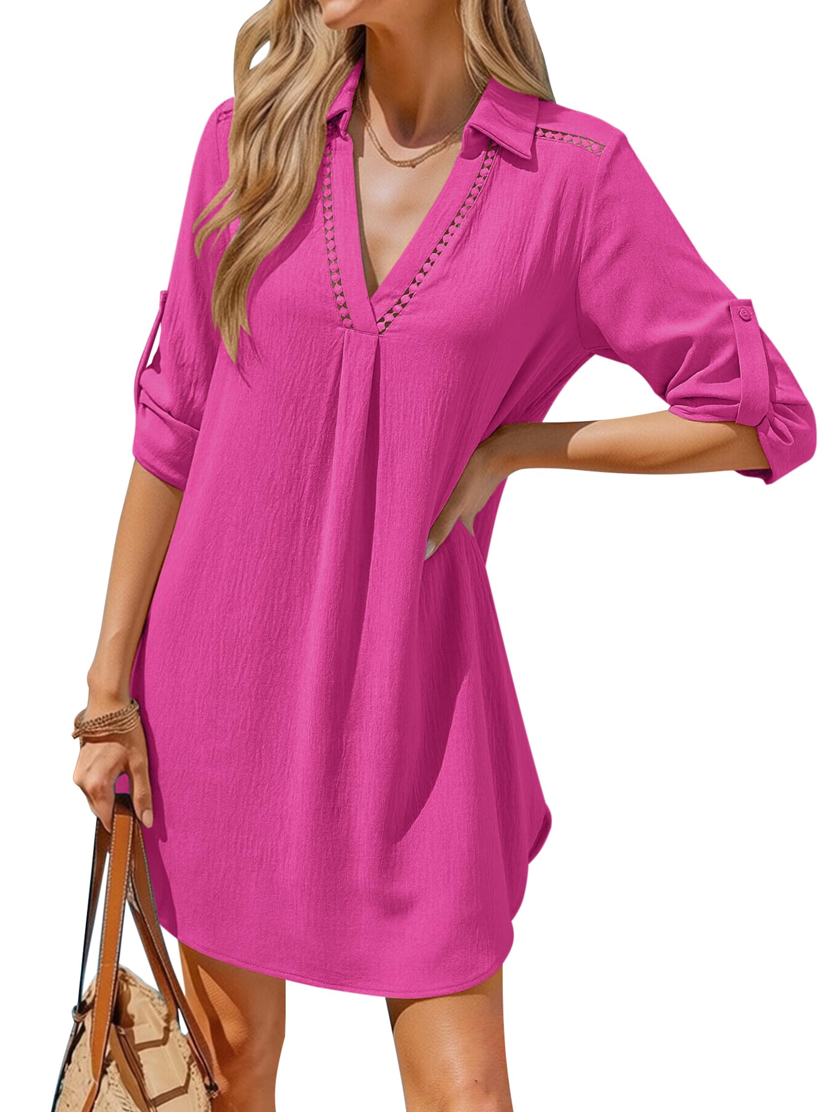 Halife Womens Swimsuit Coverup Shirt V Neck Eyelet Bathing Suit Cover Up Summer Beach Cover Ups Dress