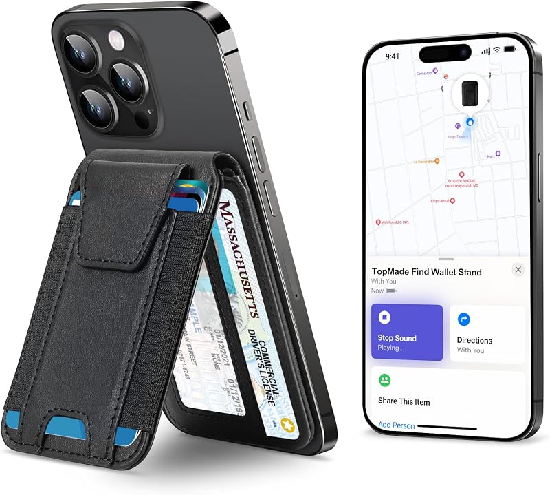 for MagSafe Wallet Works with Apple Find My, Strongest Magnetic Wallet | 9 Cards Holder, Adjustable Stand, RFID Blocking, Leather Magnetic card holder for iPhone 17/16/15/14/13/12 Series, Black