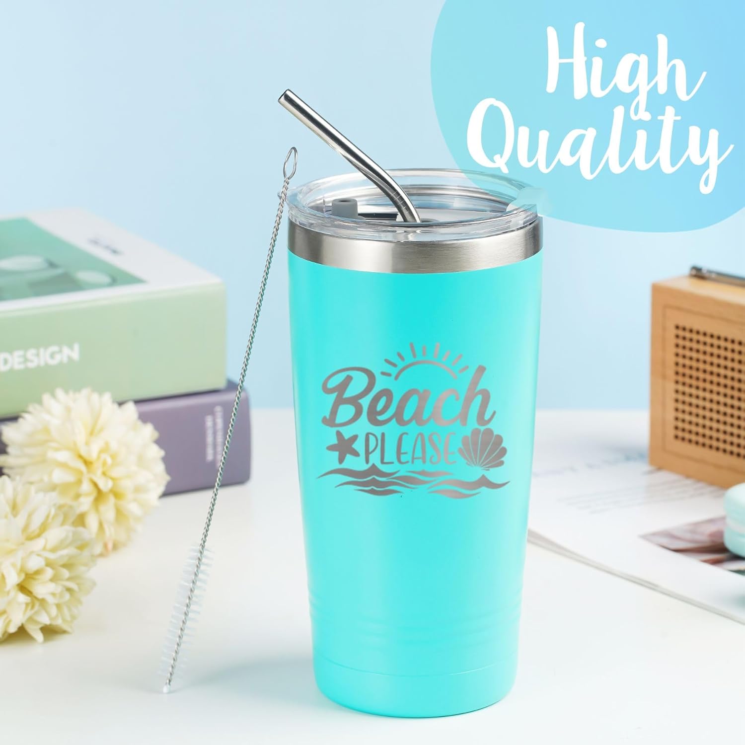 Onebttl Beach Gifts for Women or Men, 20oz Vacuum Insulated Stainless Steel Travel Tumbler with Lid, Beach Themed Gifts, Gifts for Beach Lovers, Blue (Beach Please) - Image 4