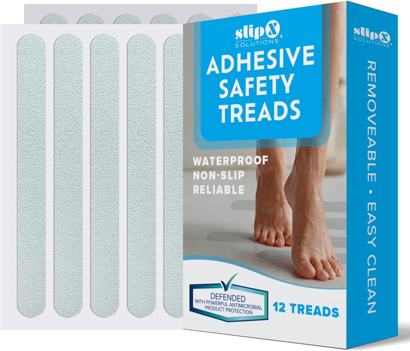 SlipX Solutions Adhesive Anti-Slip Safety Treads, Non Slip Shower Stickers, Reliable Grip for Bathtubs, Showers, Pools, Boats, Stairs & More, Safety Stickers (12 Pack, 7.5” x 0.75”, Clear)