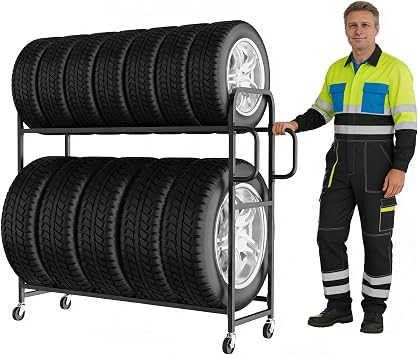 YOHKOH Tire Rack 57" W x 19.7" D x 59" H with Adjustable Crossbars for Garage, Heavy-Duty Tire Storage Rack with 4 Swivel Casters 2 with Brakes, Rolling Stand with Handle for Tires
