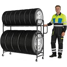 YOHKOH Tire Rack 57" W x 19.7" D x 59" H with Adjustable Crossbars for Garage, Heavy-Duty Tire Storage Rack with 4 Swivel Casters 2 with Brakes, Rolling Stand with Handle for Tires